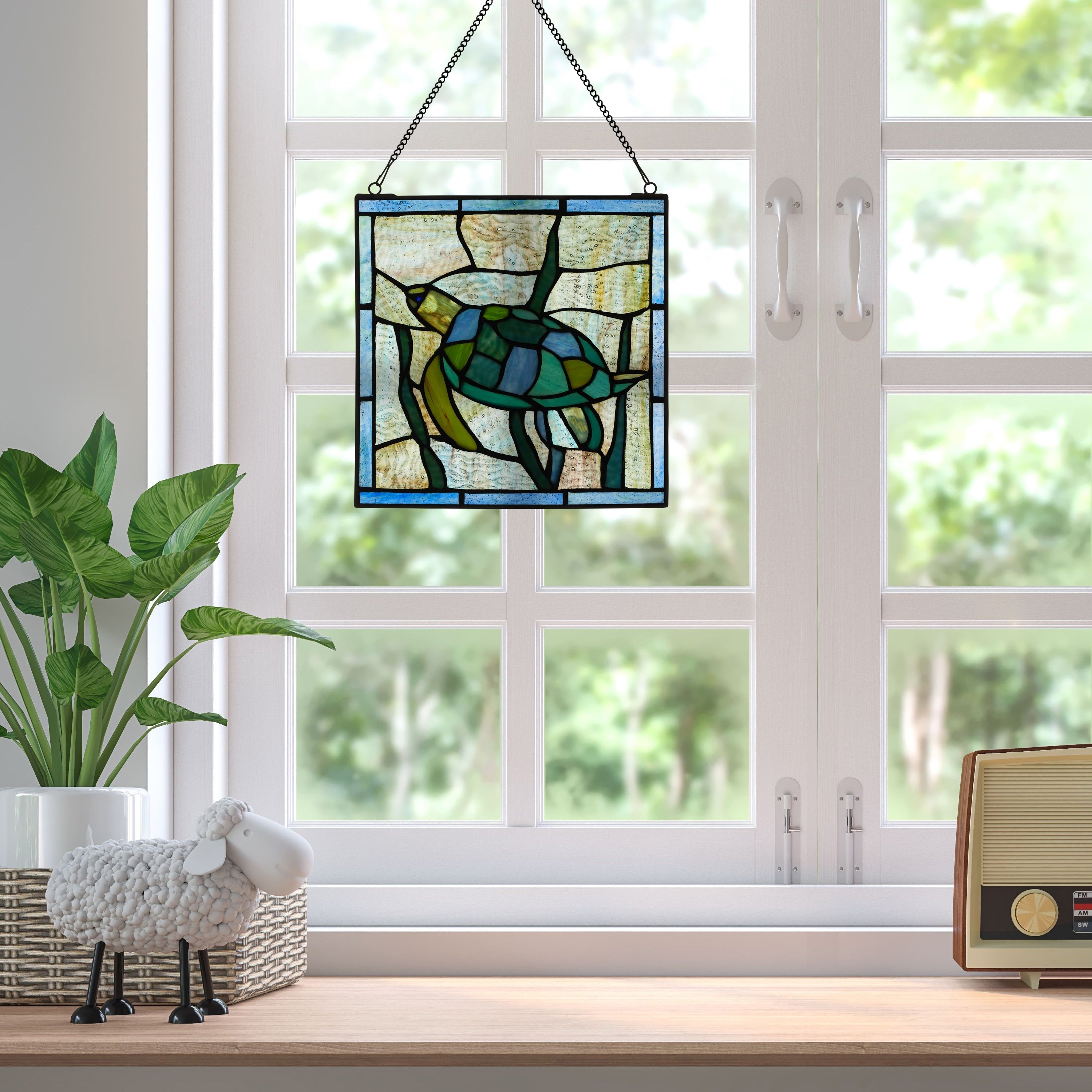 River of Goods Serene Sea Turtle River of Goods Blue, Green and Teal Stained Glass Window Panel - 10 x 0.25 x 10.5