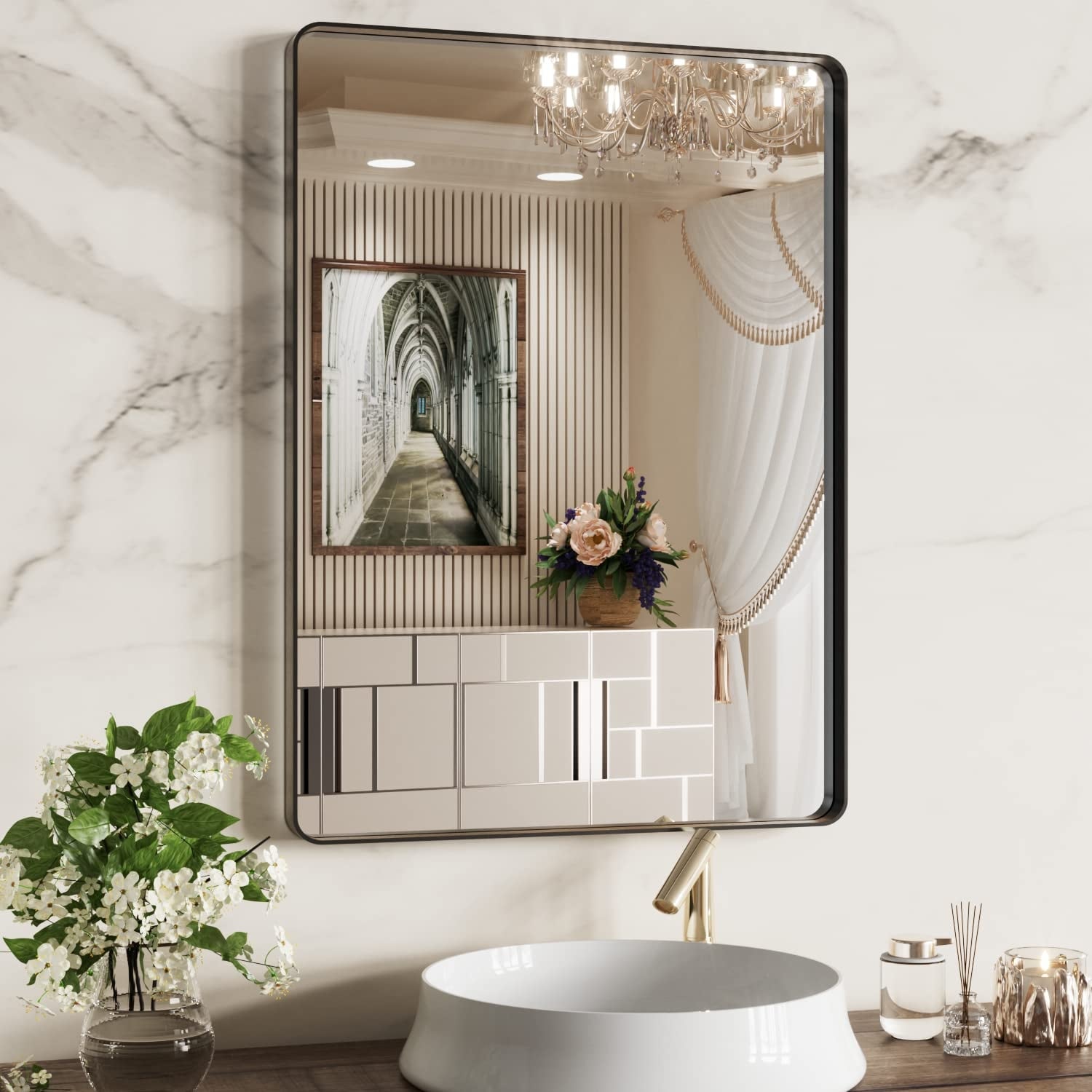 Apmir Metal Frame Tempered Glass Bathroom Vanity Mirror for Wall, Cloakroom, Bedroom