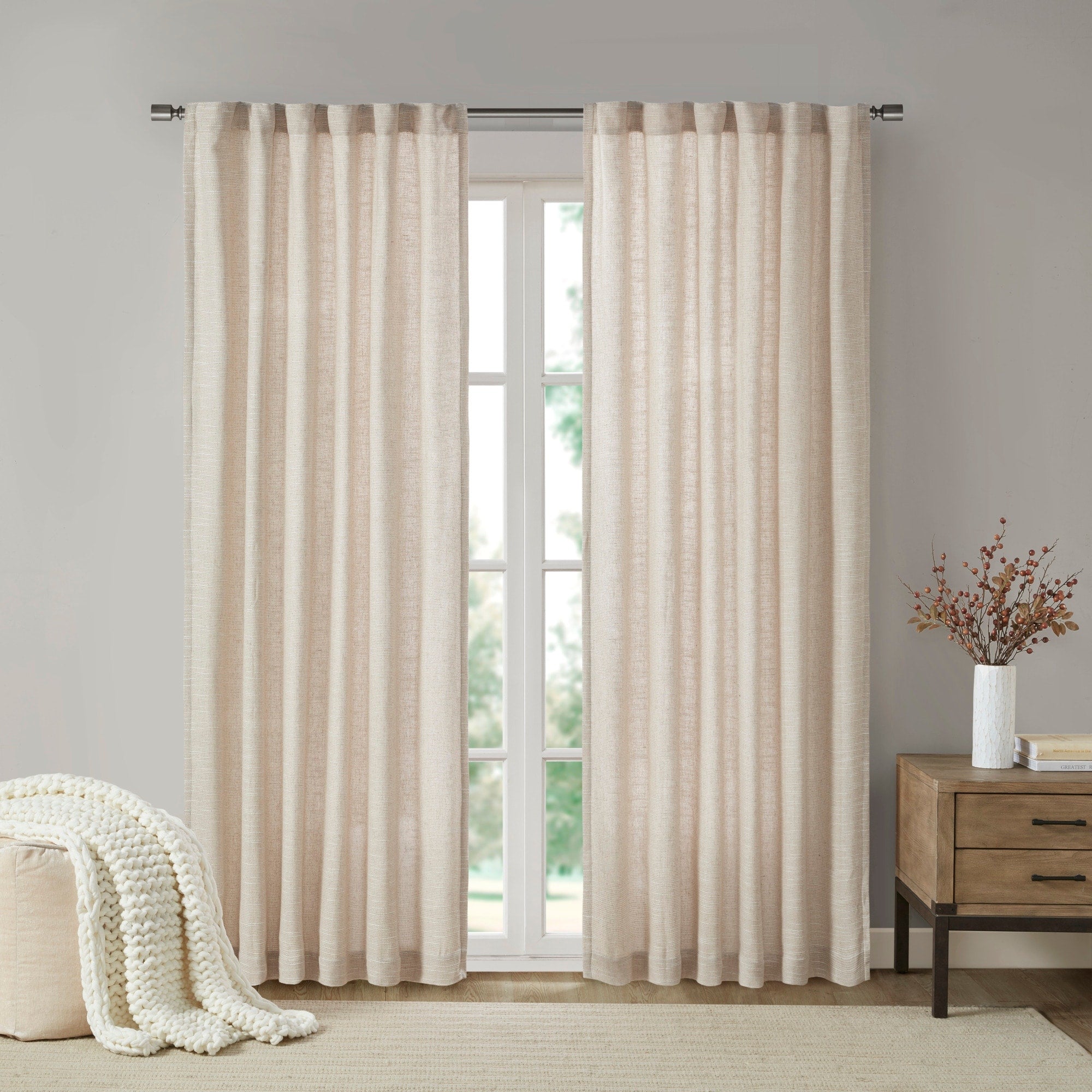 Madison Park Barnet Faux Linen Rod Pocket and Back Tab Fleece Lined Curtain Panel