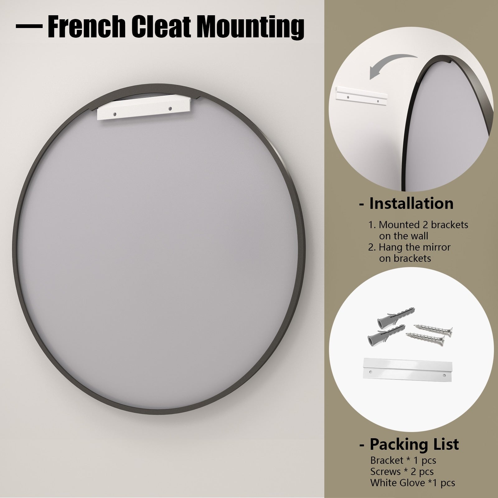 Full Size Round Bathroom Vanity Wall Mirror with Metal Frame