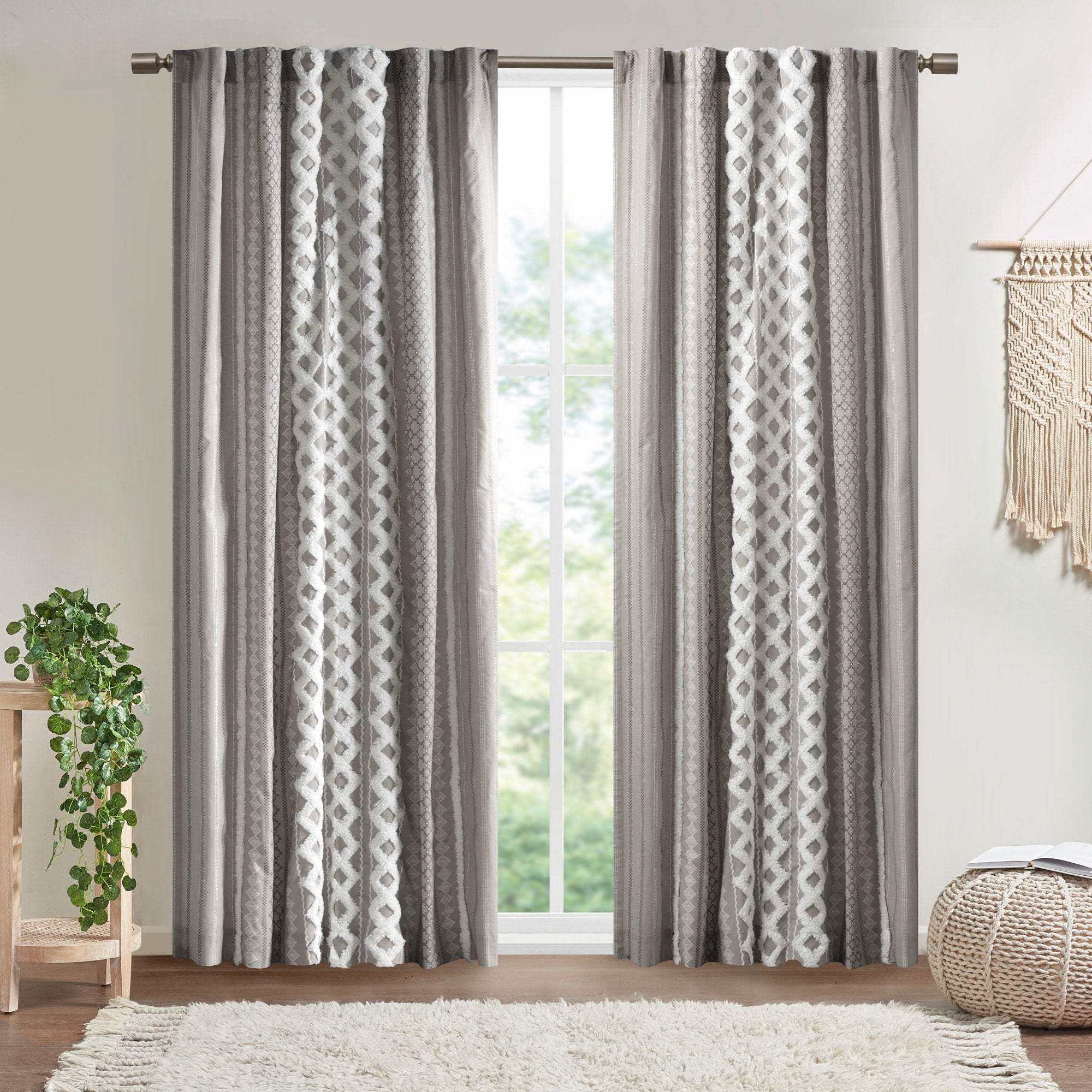 INK+IVY Imani Cotton Printed Curtain Panel with Chenille Stripe and Lining