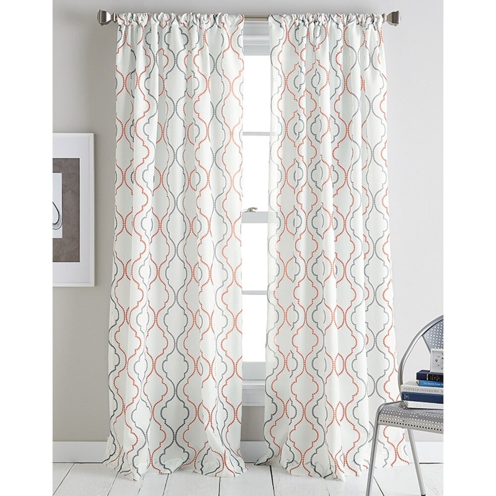 Coco Ogee Print Hourglass Embroidery Sheer Rod Pocket Curtain Panel