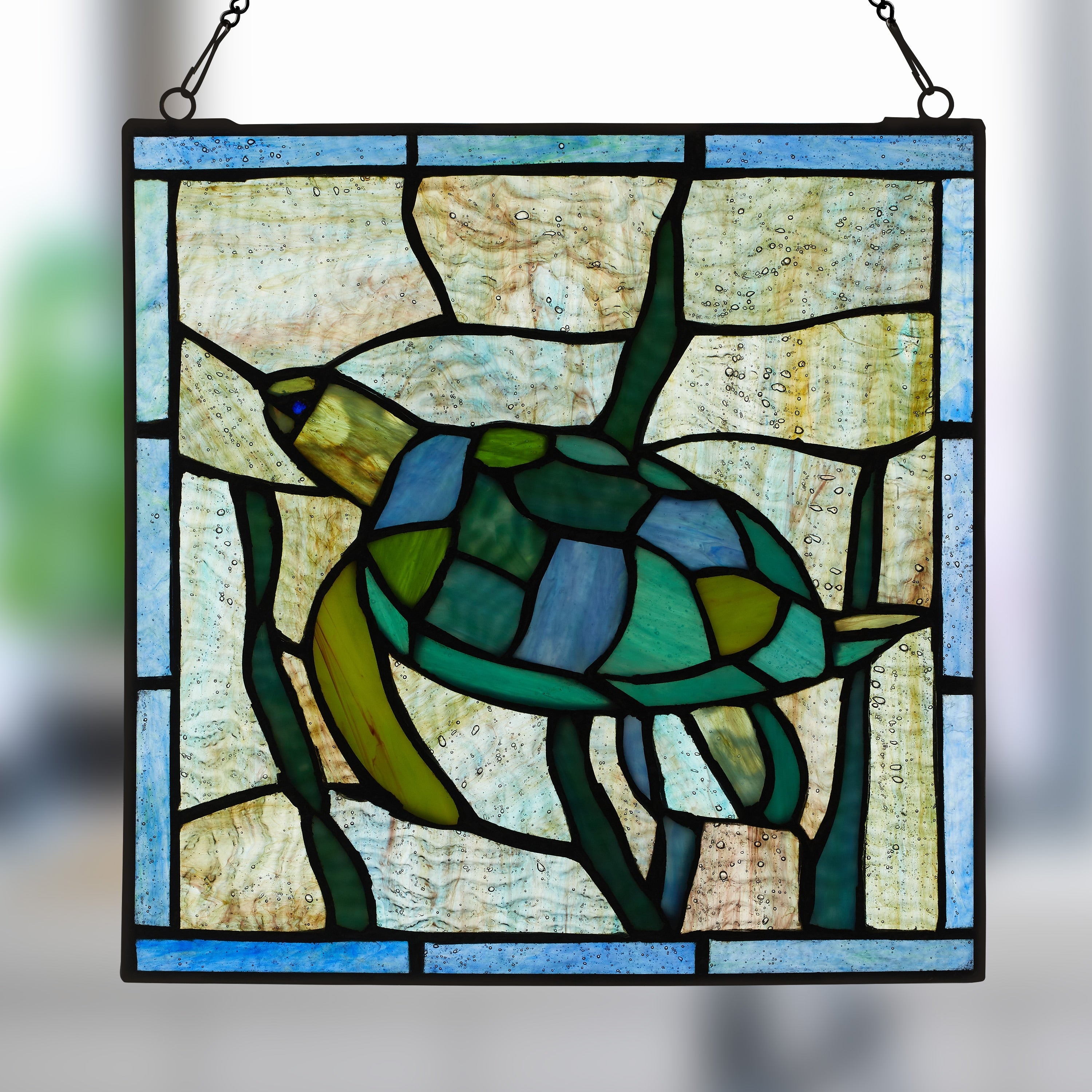 River of Goods Serene Sea Turtle River of Goods Blue, Green and Teal Stained Glass Window Panel - 10 x 0.25 x 10.5