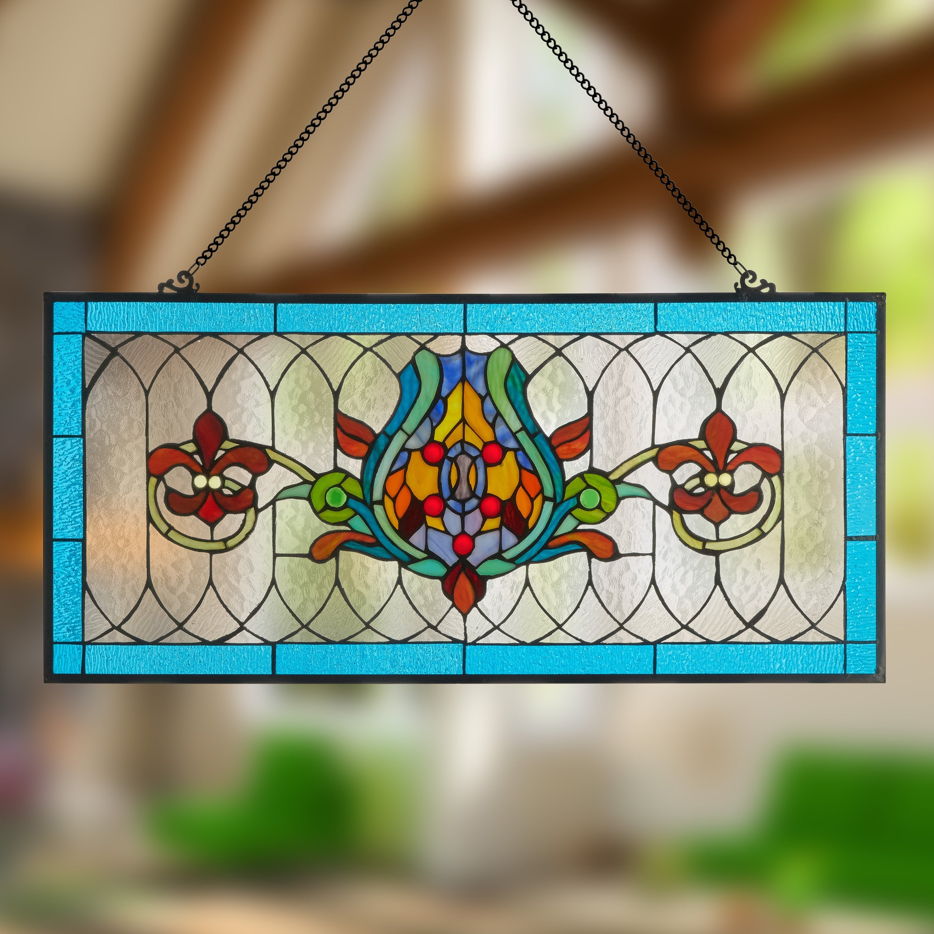 River of Goods Fleur De Lis Stained Glass Pub Window Panel - 30L x 0.25W x 14H