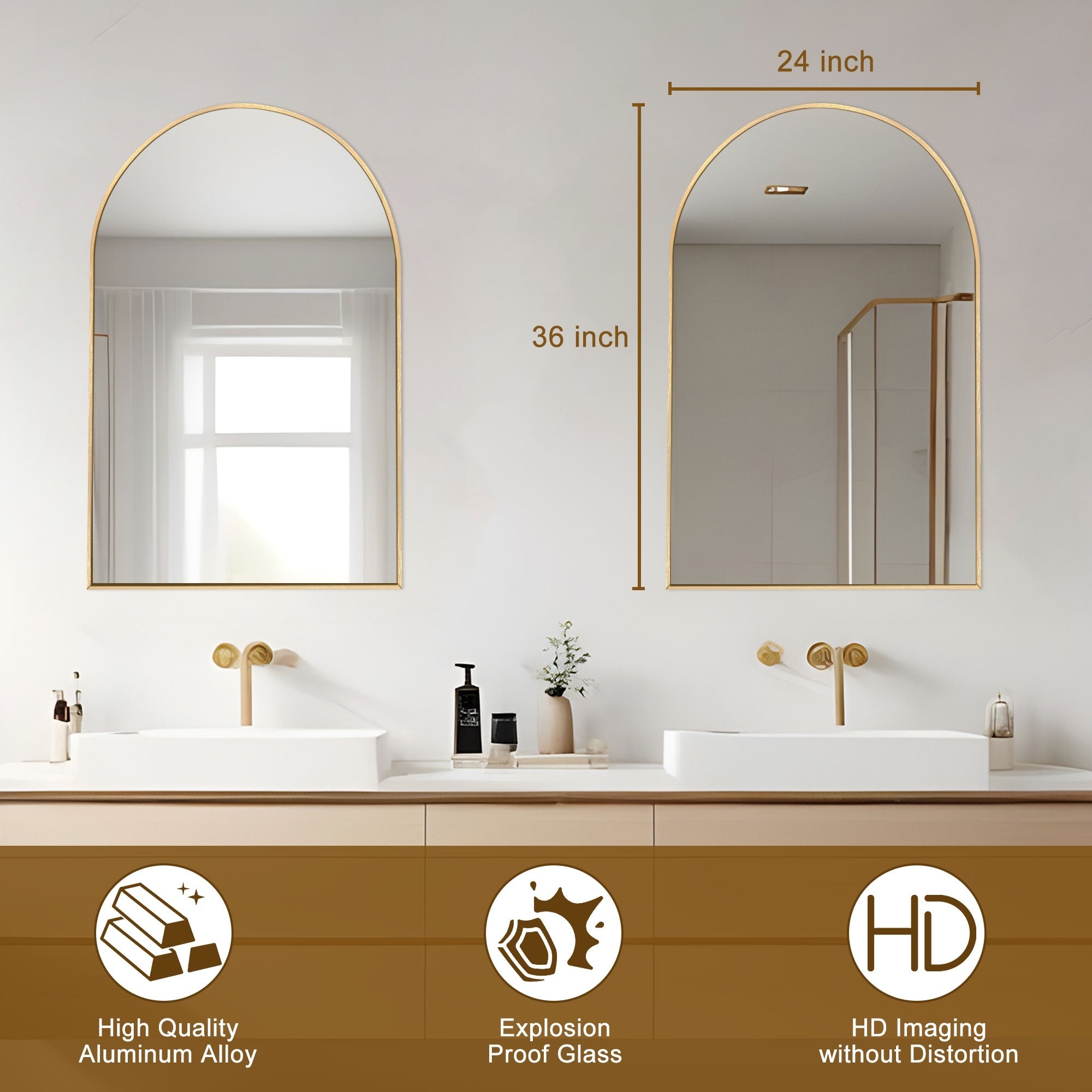 2 Pack Bathroom Arch Aluminum Wall Mirror Vanity Mirrors