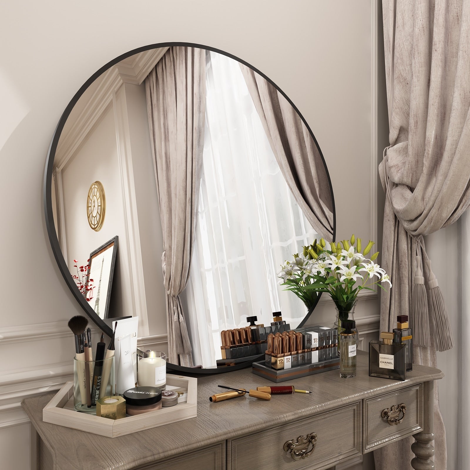 Full Size Round Bathroom Vanity Wall Mirror with Metal Frame