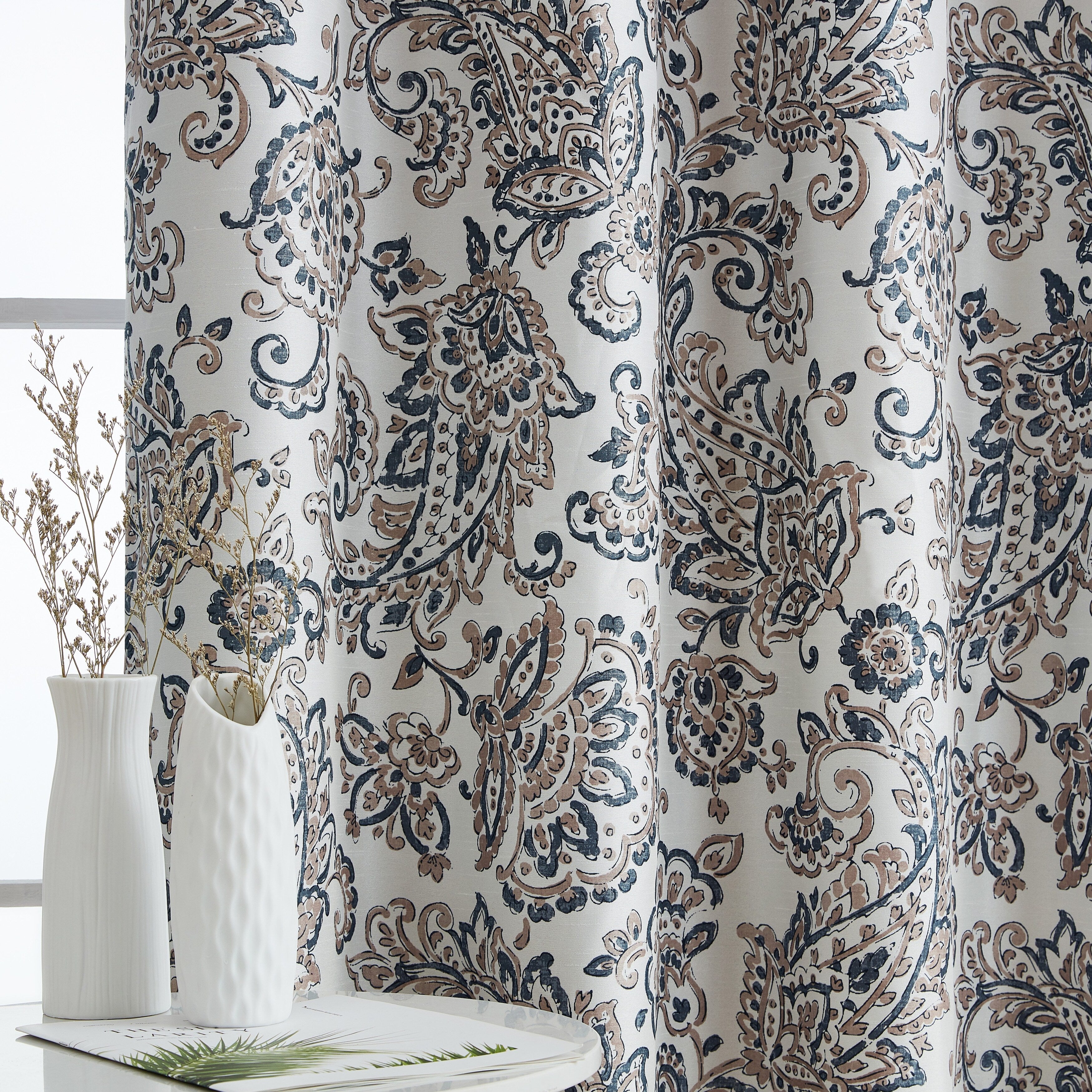 HLC.me Amalfi Paisley Faux Silk 100% Blackout Room Darkening Thermal Energy Efficient Curtain Grommet Panels, 2 Panels