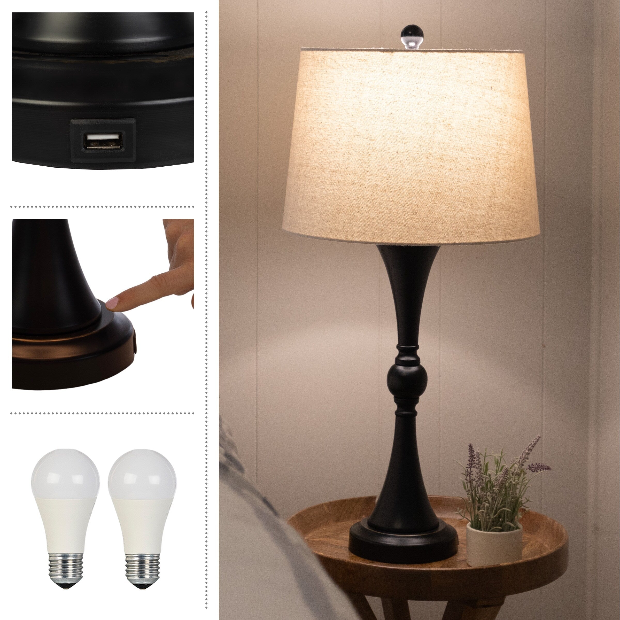 Lavish Home Table Lamps Set with USB Ports