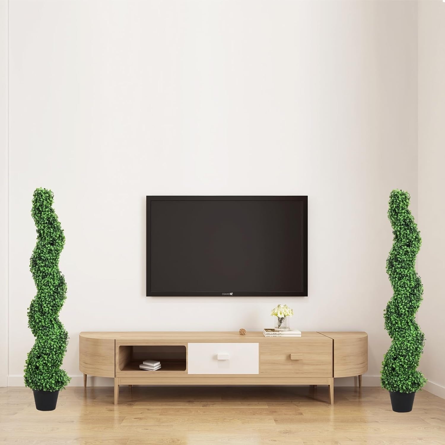 Artificial Green Boxwood Spiral Topiary Tree in Pot for Indoor and Outdoor Set of 2