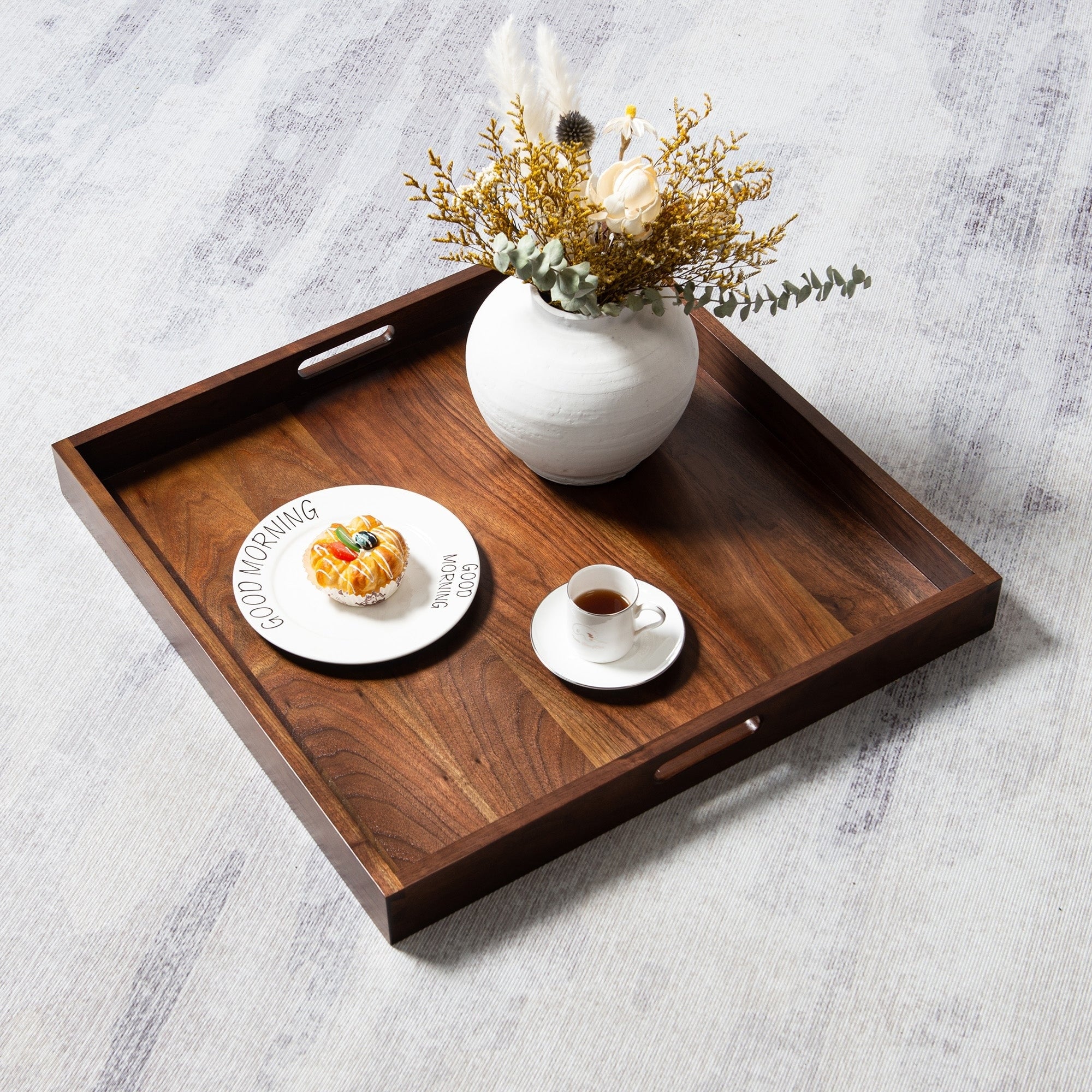 Square Black Walnut Wood Serving Tray Ottoman Tray with Handles