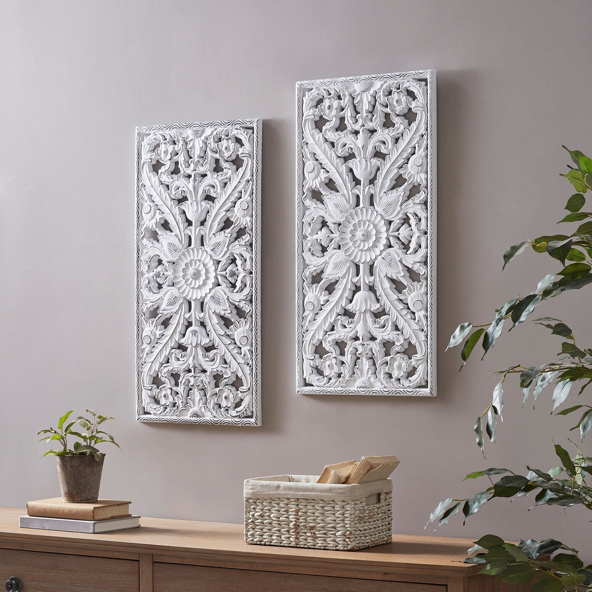 Madison Park Botanical Distressed Carved Wood Wall Décor (Set of 2)