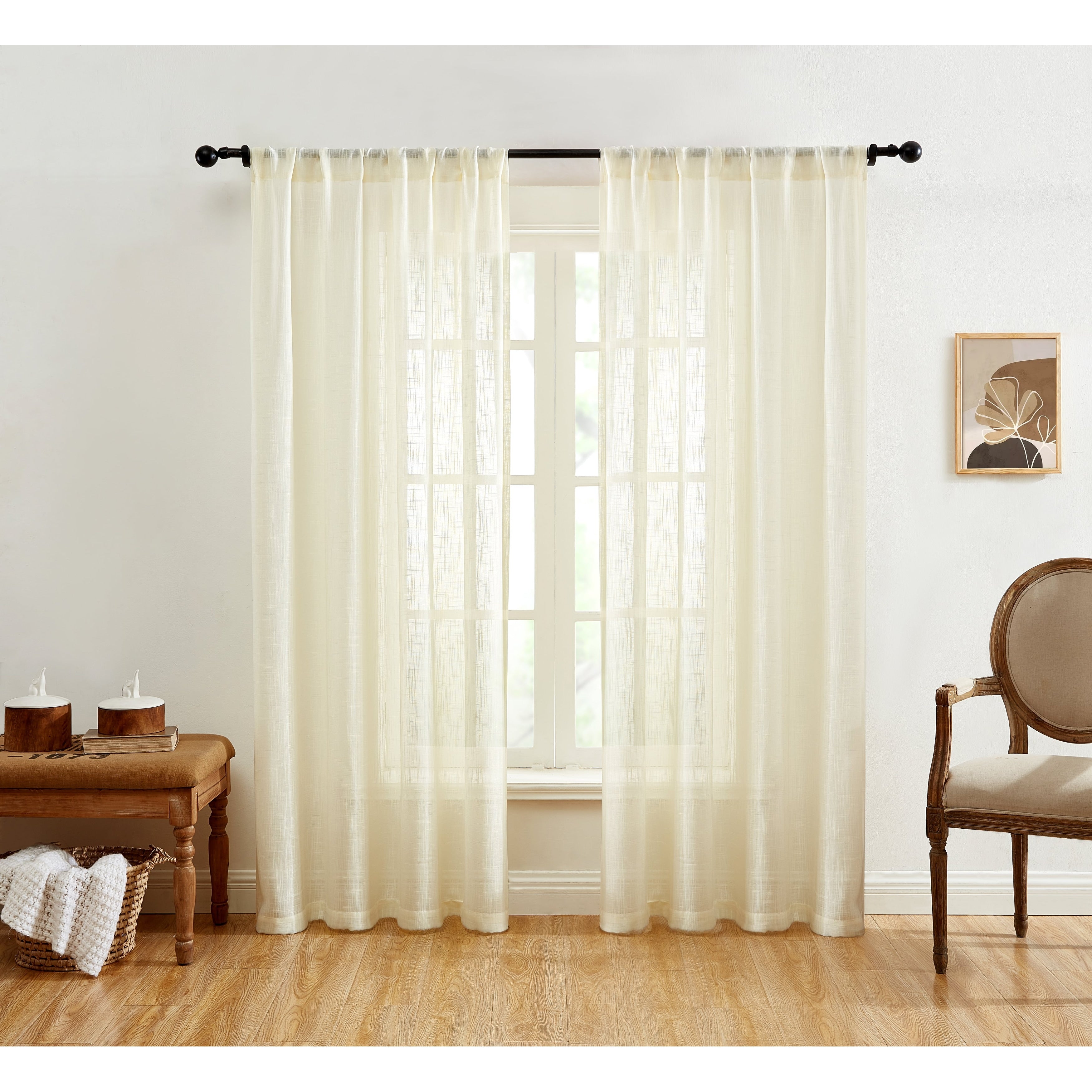 HLC.me Linda Faux Linen Textured Semi Sheer Privacy Sun Light Filtering Window Rod Pocket Curtains Panels, 2 Panel