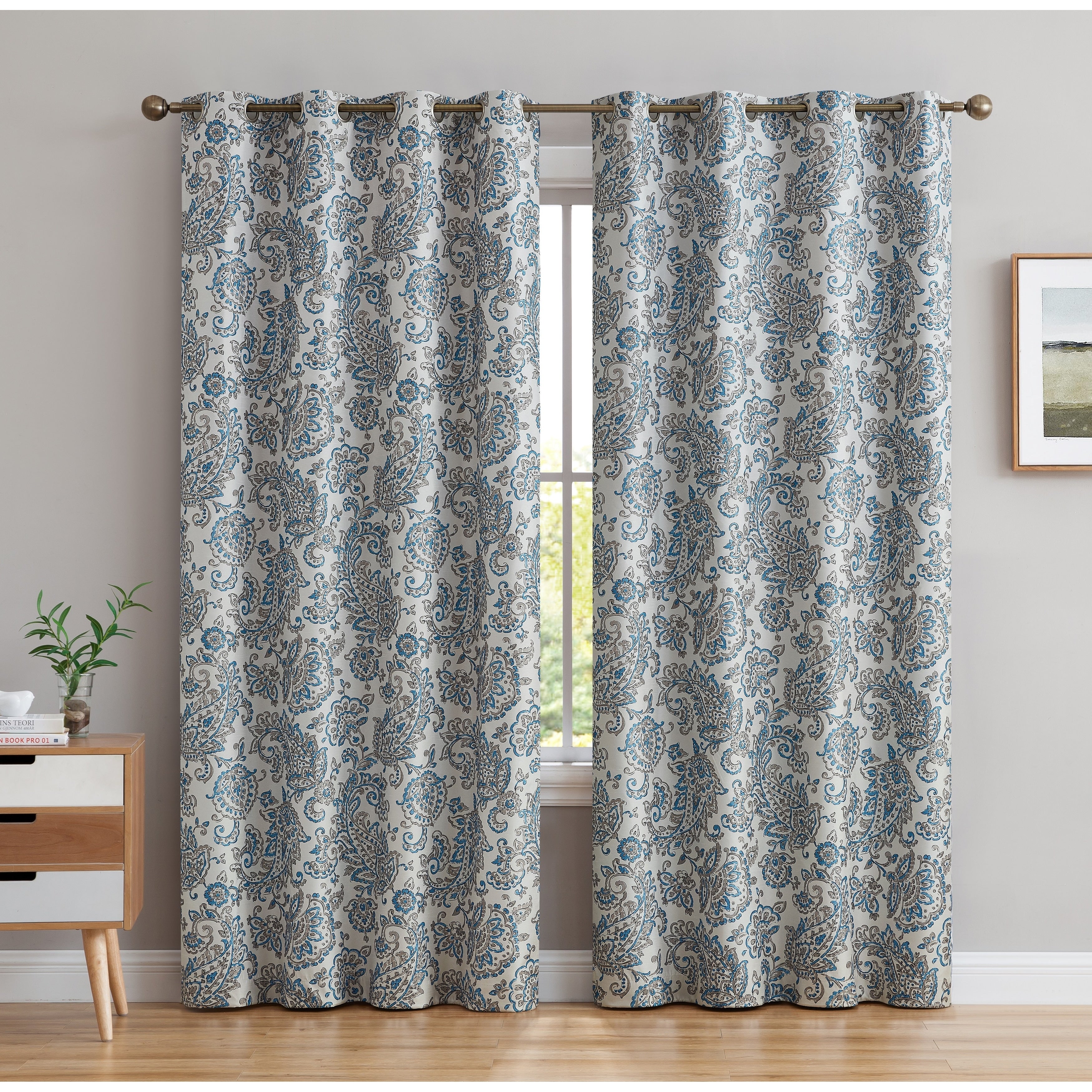 HLC.me Amalfi Paisley Faux Silk 100% Blackout Room Darkening Thermal Energy Efficient Curtain Grommet Panels, 2 Panels