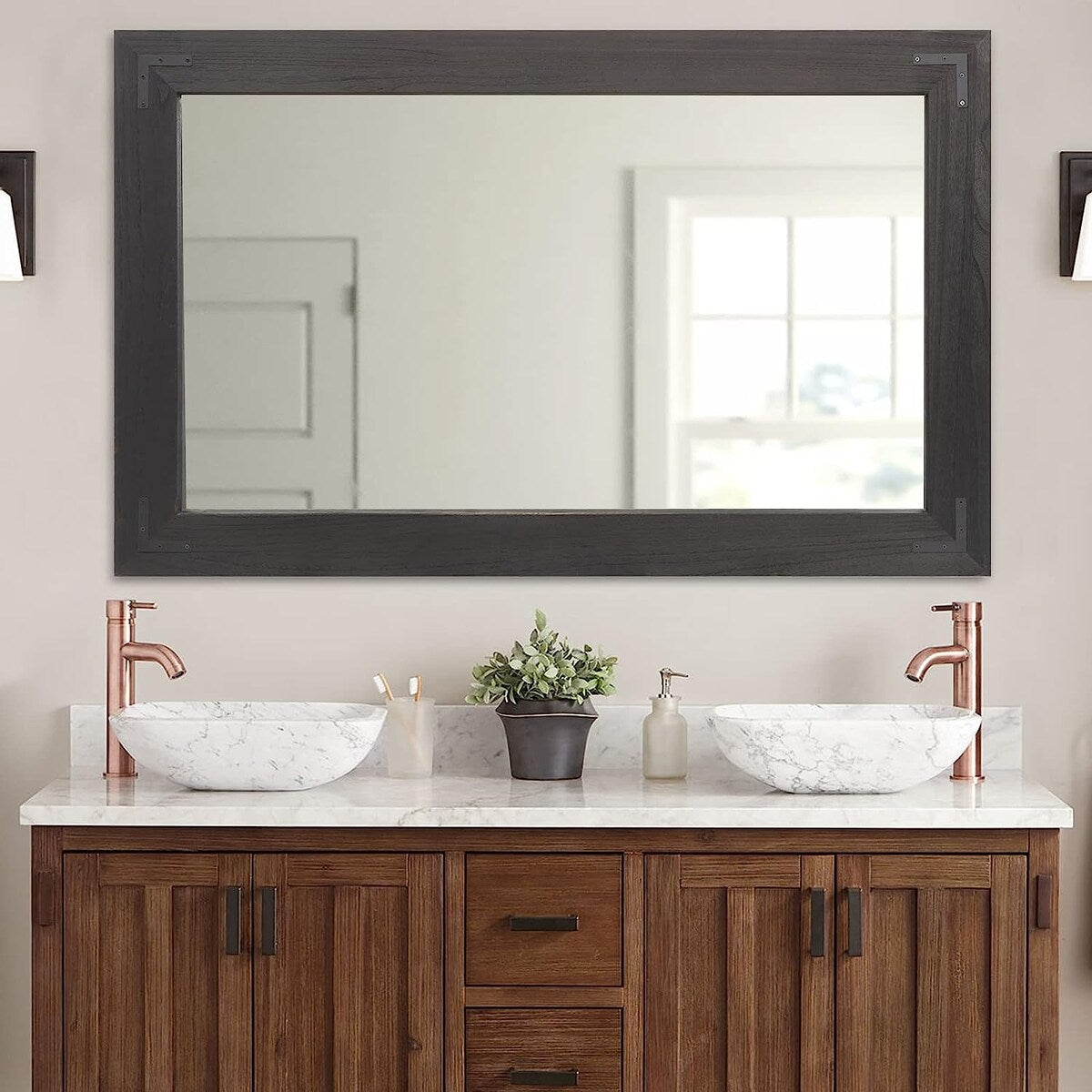 Rustic Wooden Framed Wall Mirror, Natural Wood Bathroom Vanity Mirror