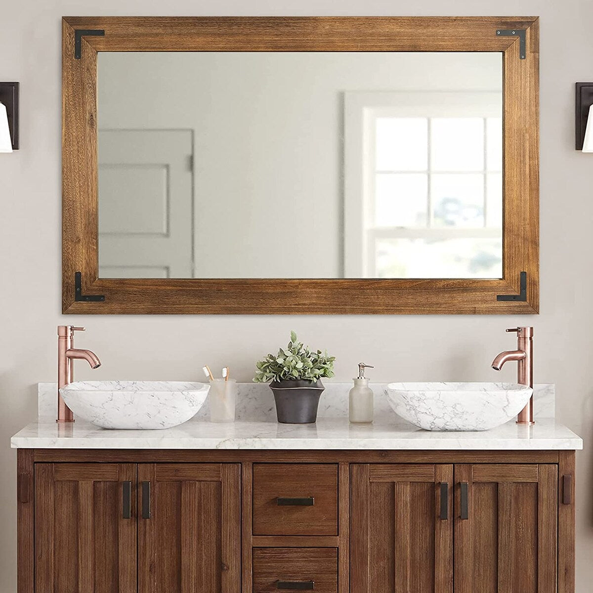 Rustic Wooden Framed Wall Mirror, Natural Wood Bathroom Vanity Mirror