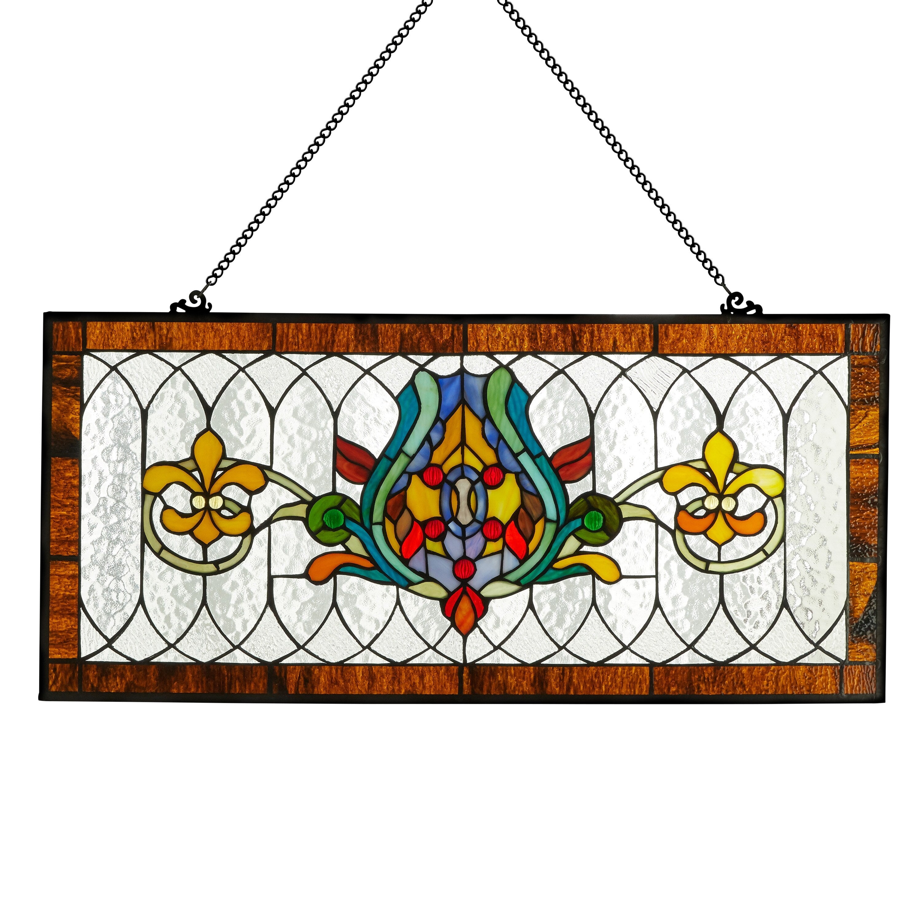 River of Goods Fleur De Lis Stained Glass Pub Window Panel - 30L x 0.25W x 14H