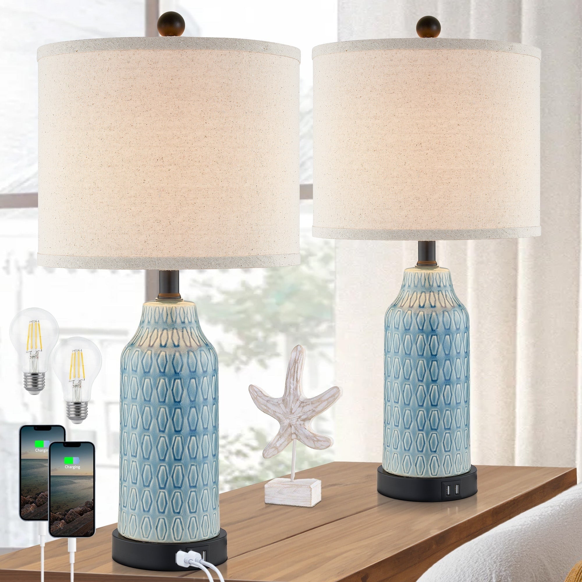 Blue Ceramic Table Lamp with 3-way Touch Dimming Switch & Dual USB Charging Ports (Set of 2) - 11'' x 11'' x 23'' (L x W x H)