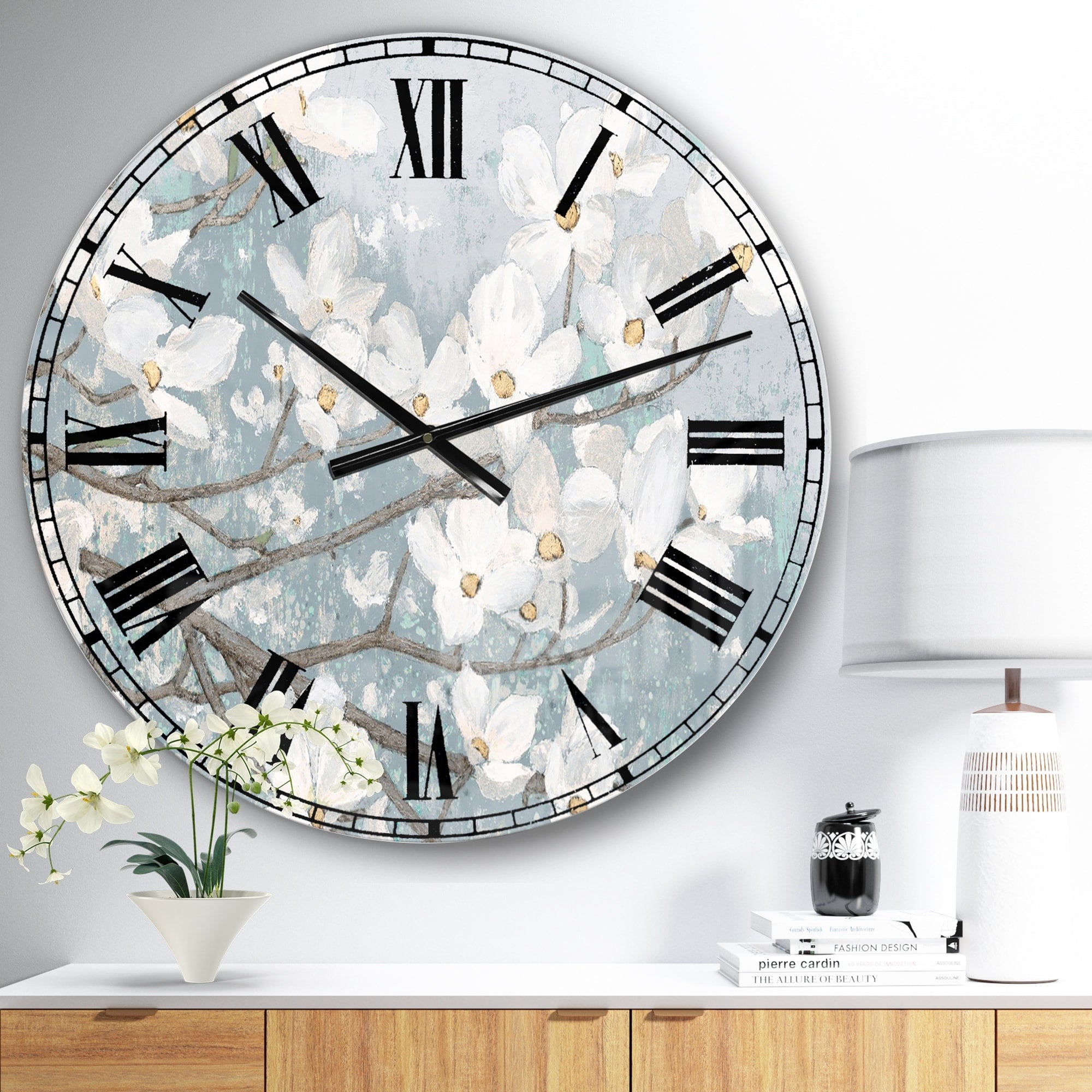 Designart 'Blue on Grey Blossoms ' Traditional Large Wall CLock