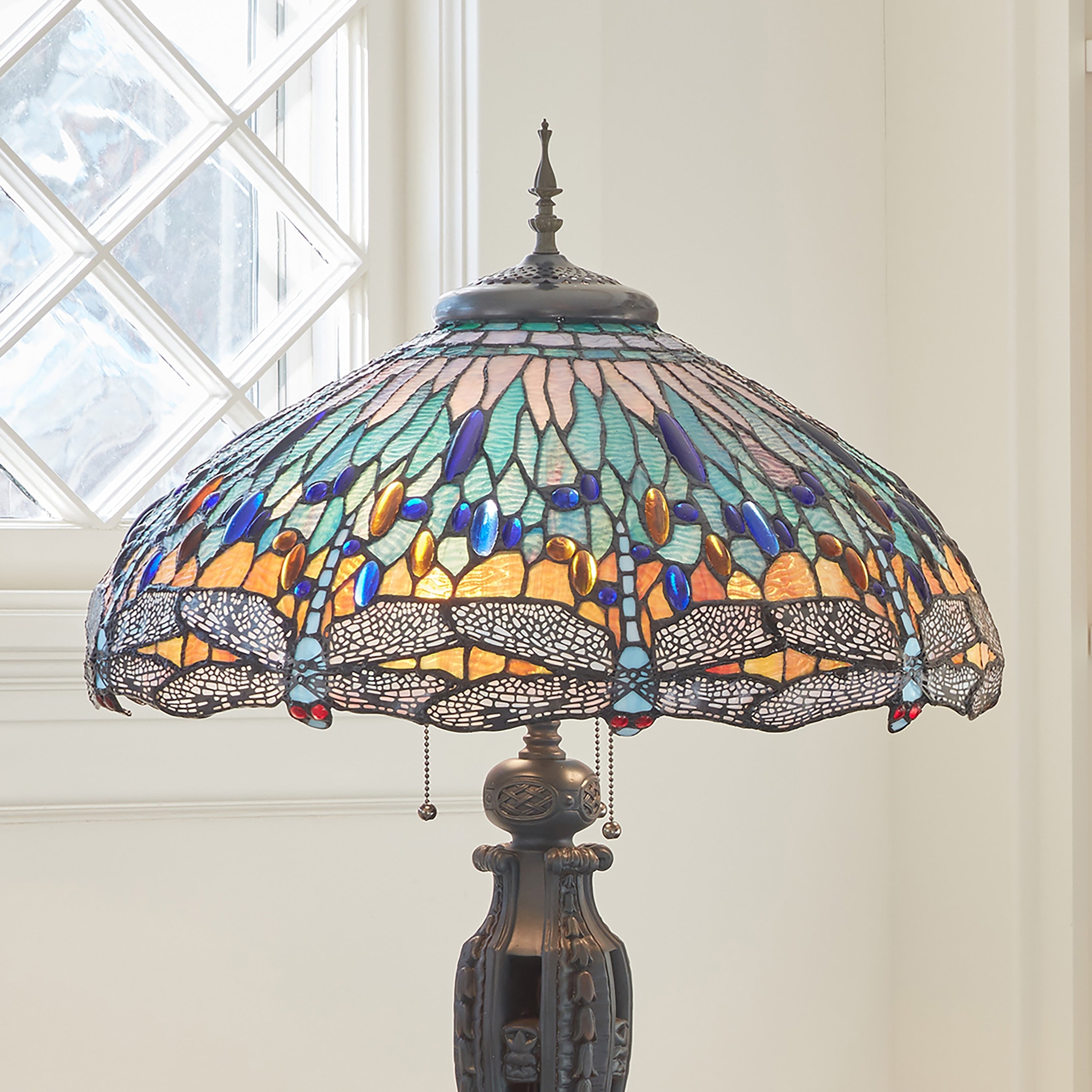 Multi Dragonflies River of Goods Tiffany-Style Multicolored Stained Glass 35-Inch Table Lamp - 22 x 22 x 35