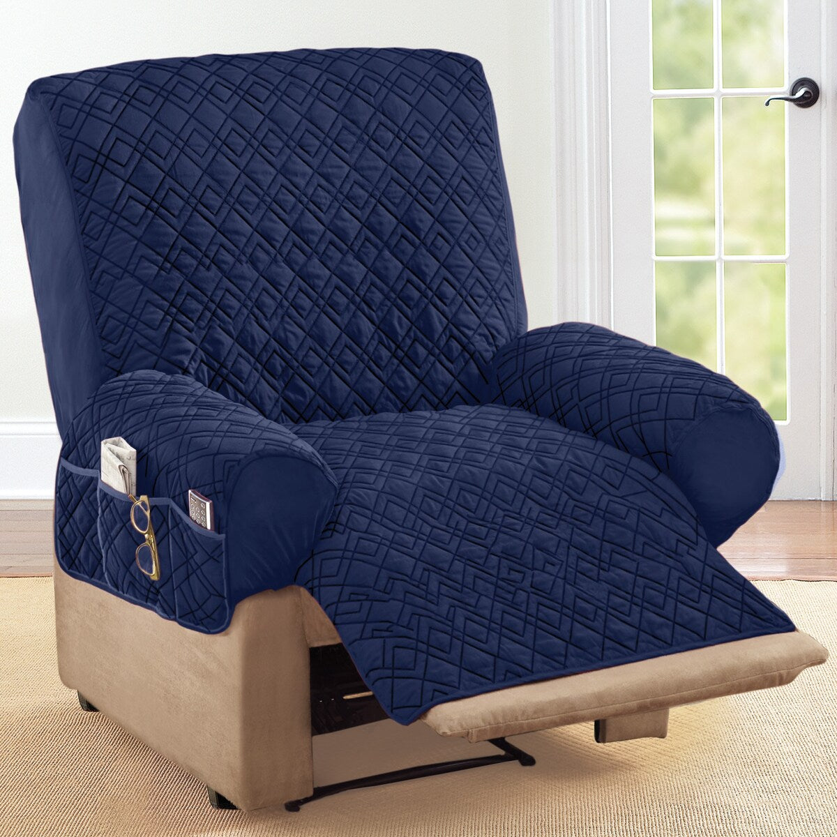 Diamond Quilted Stretch Recliner Cover with Storage