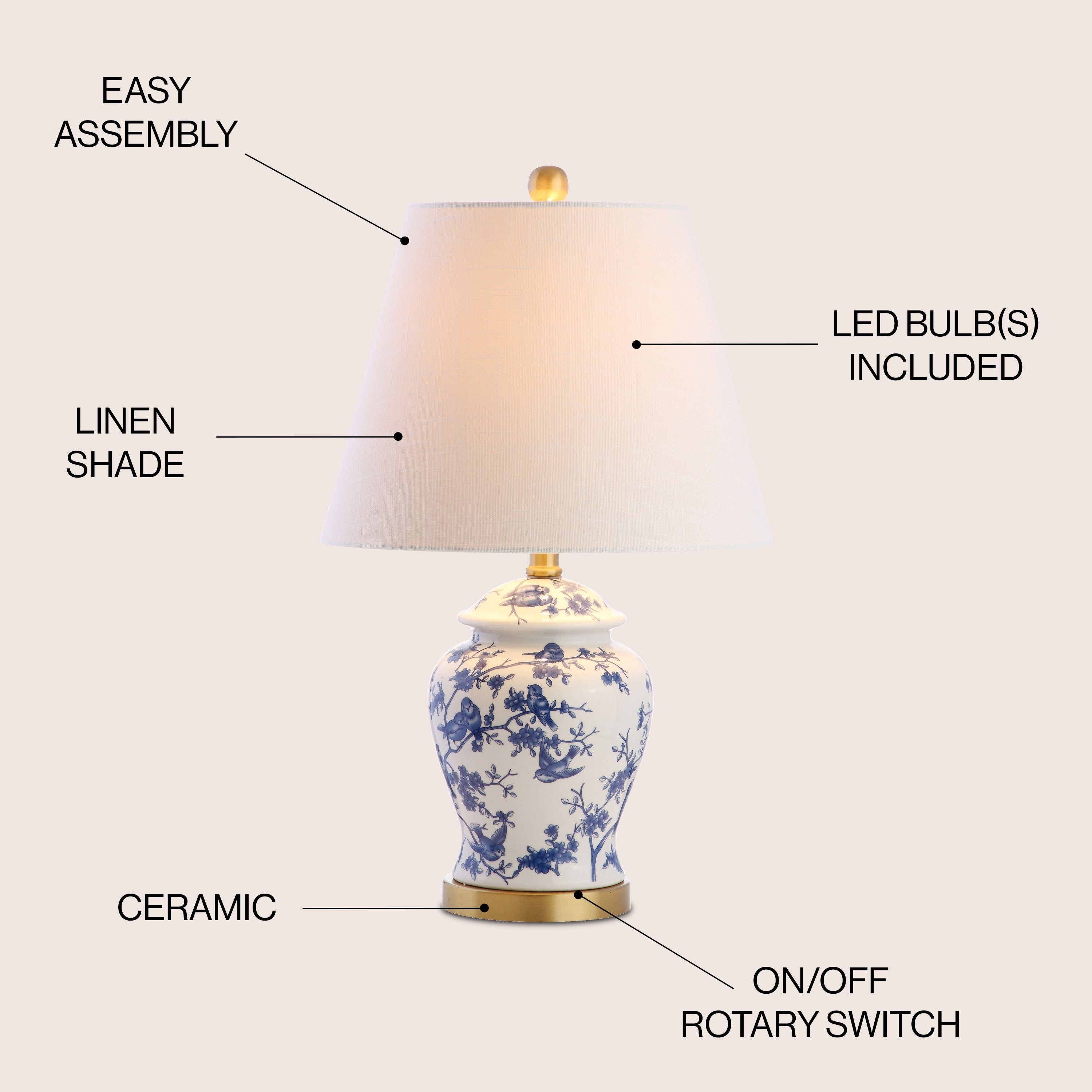 Penelope 22 Chinoiserie LED Table Lamp, Blue/White by JONATHAN Y