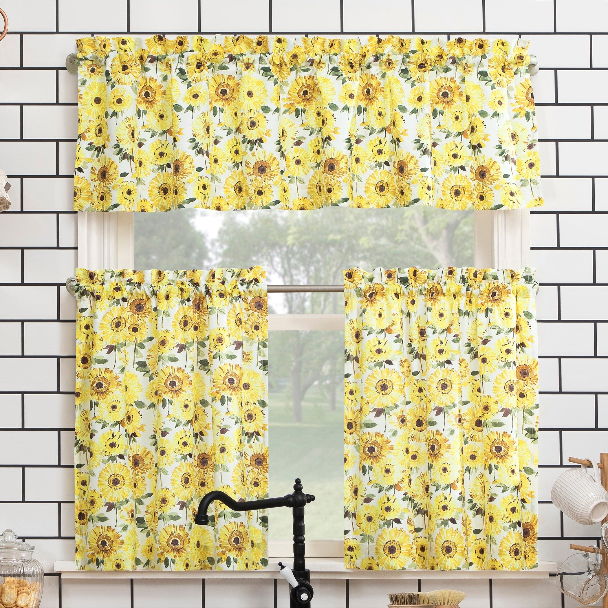 No. 918 Sunny Sunflower Print Semi-Sheer Rod Pocket Kitchen Curtain Valance - 54 x 14