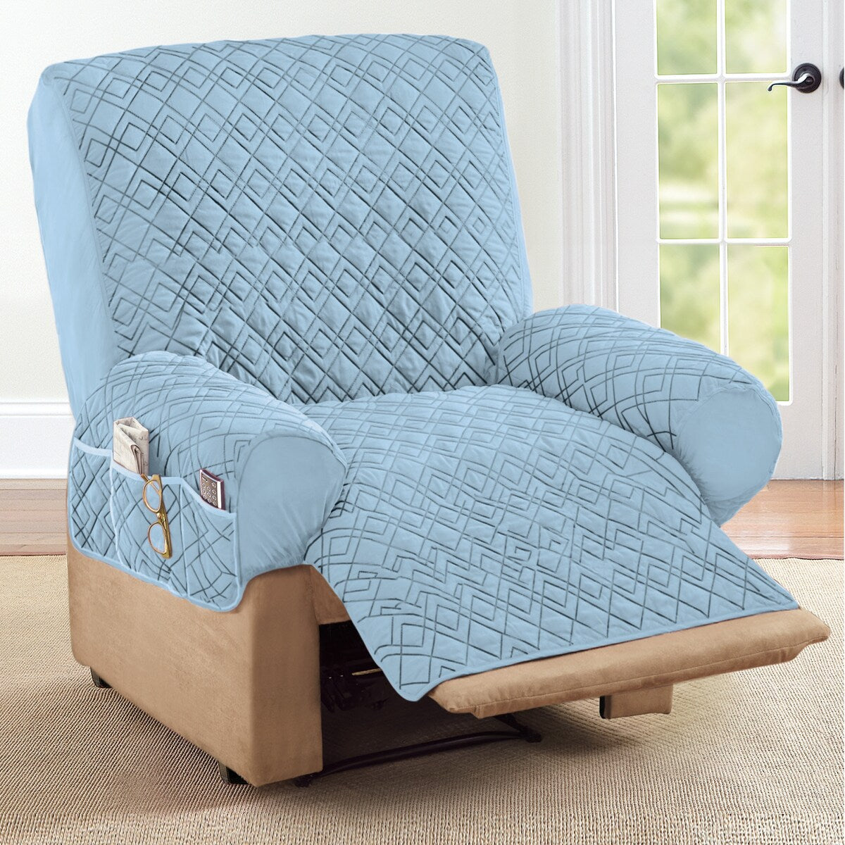 Diamond Quilted Stretch Recliner Cover with Storage