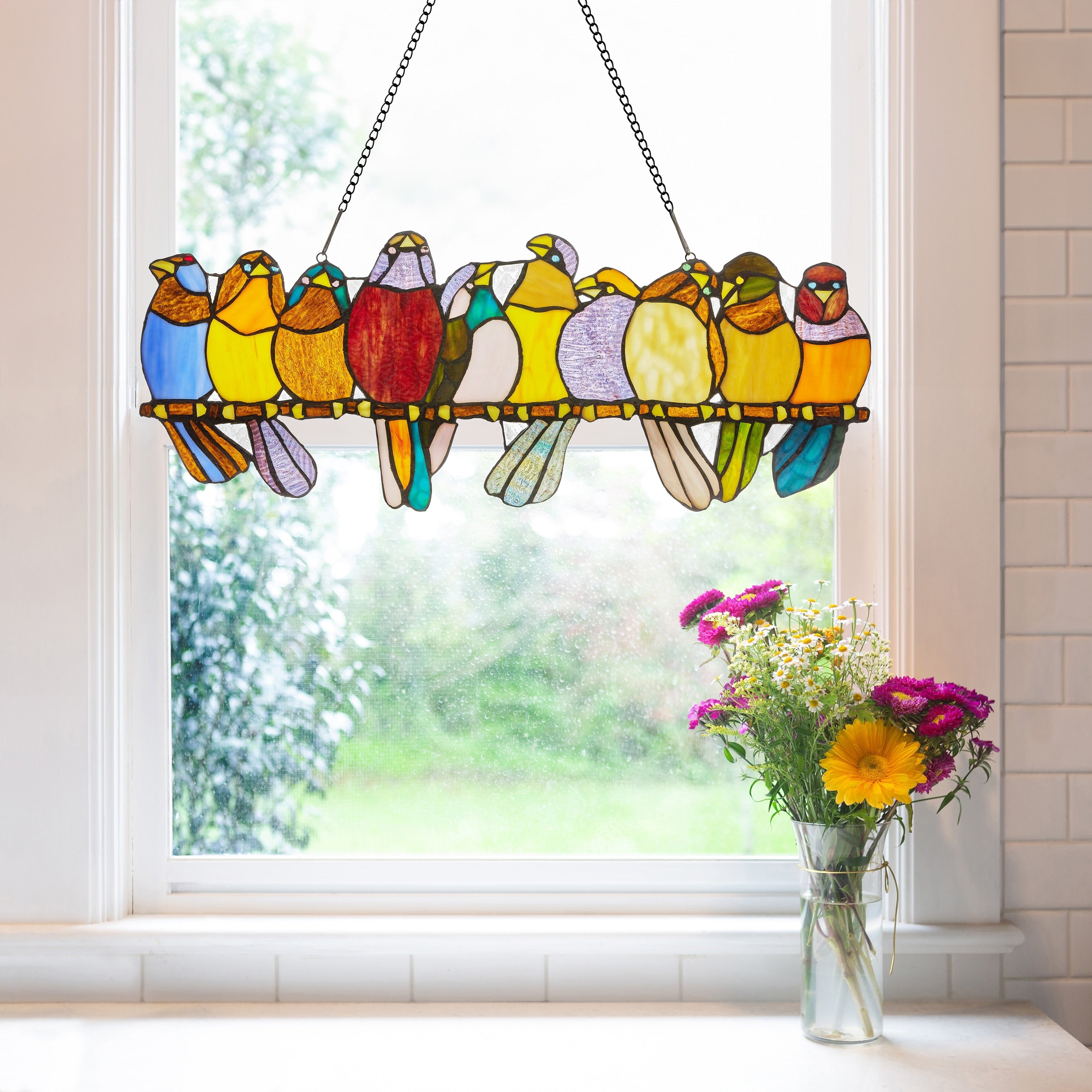 River of Goods Stained Glass 'Birds on Wire' 9.25-in. Window Panel - 24.25L x 0.25W x 9.5H