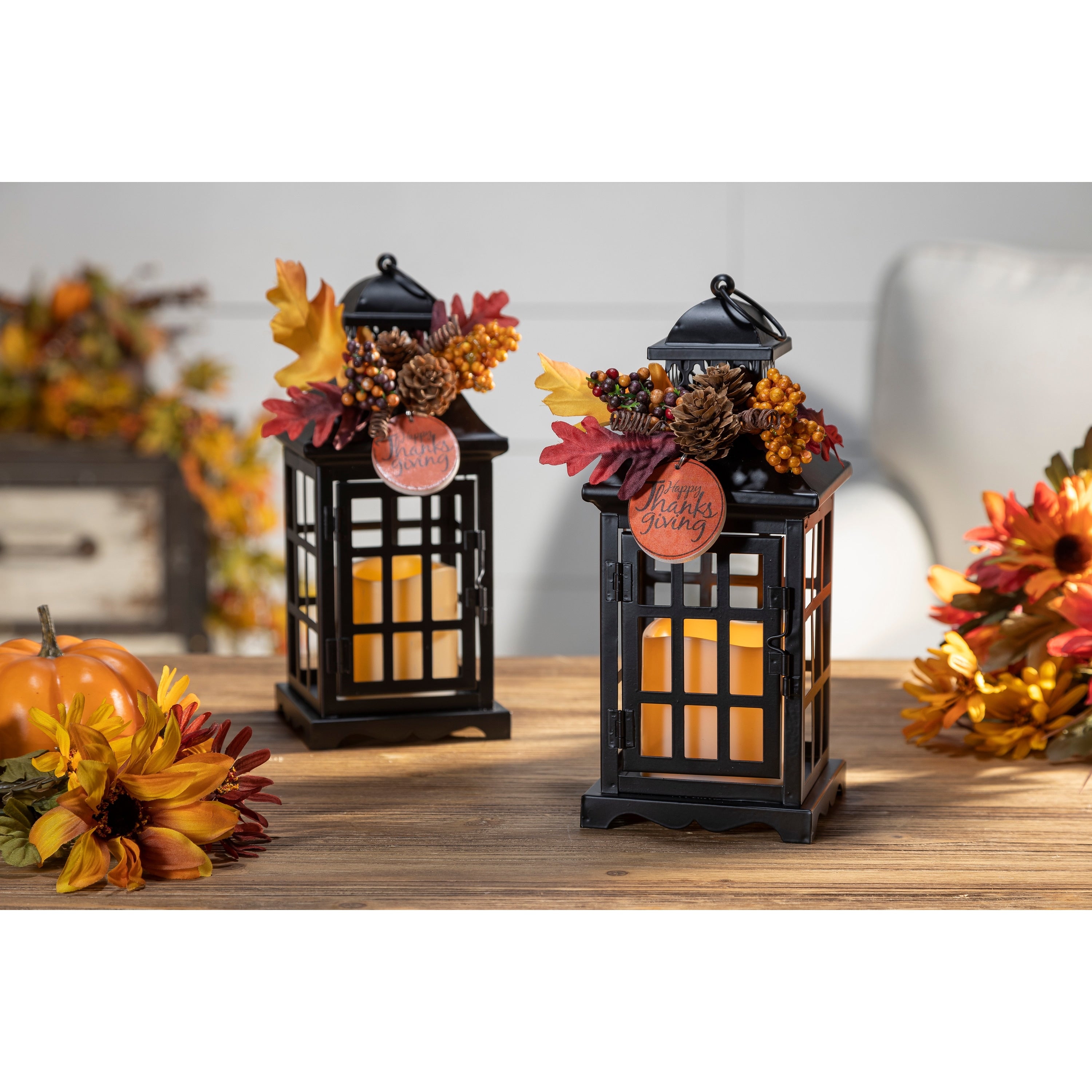 Set of 2 Autumn Lanterns with Fall Floral Accents