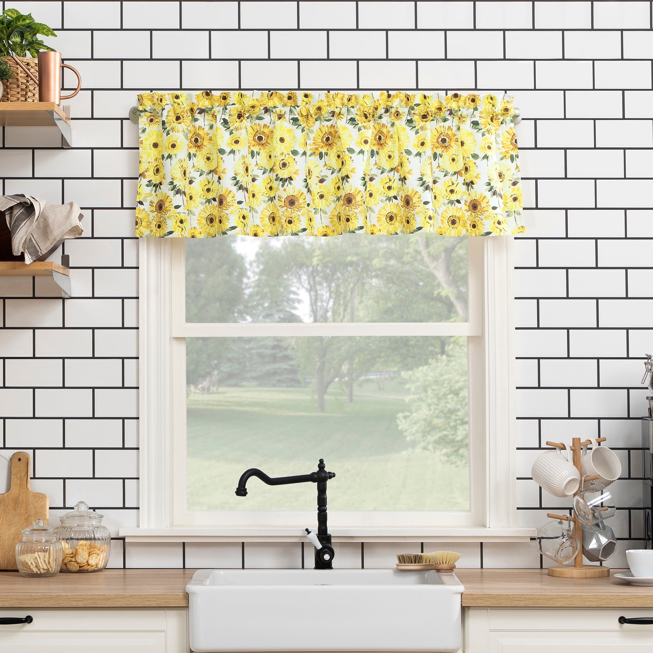 No. 918 Sunny Sunflower Print Semi-Sheer Rod Pocket Kitchen Curtain Valance - 54 x 14