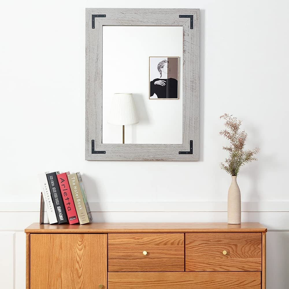 Rustic Wooden Framed Wall Mirror, Natural Wood Bathroom Vanity Mirror