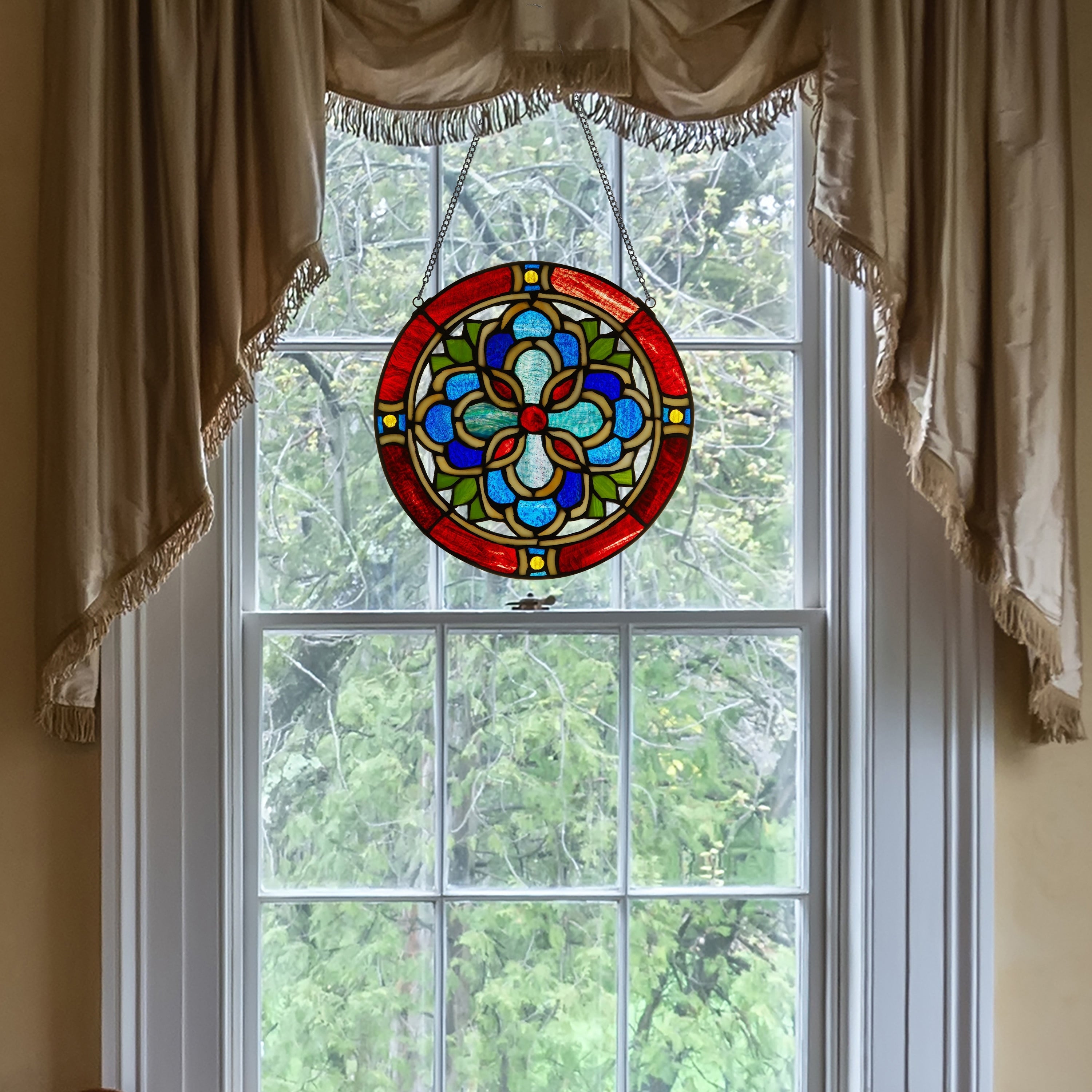 Geometric River of Goods Blue and Red Tiffany-Style Stained Glass Round Window Panel - 12 x 0.25 x 12