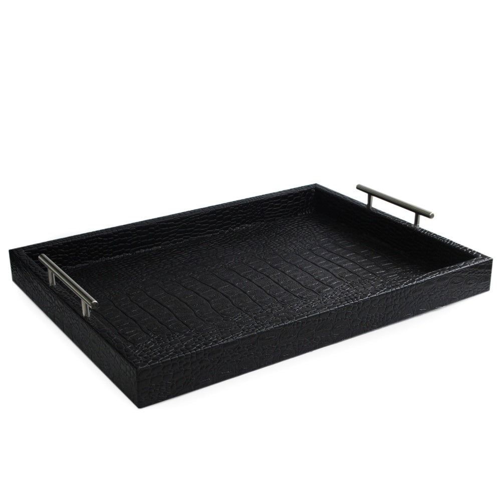 Black Leather Alligator Tray with Handles