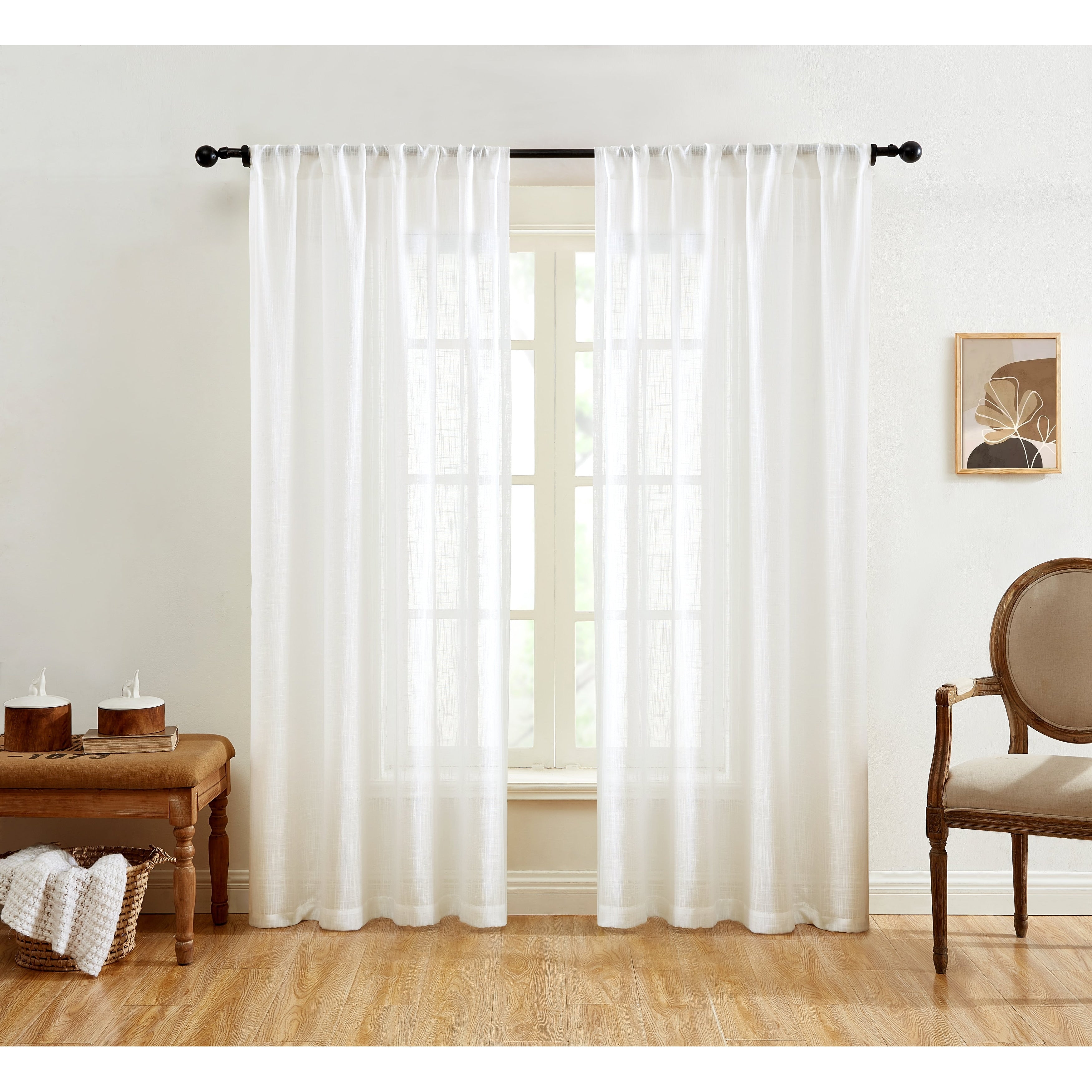 HLC.me Linda Faux Linen Textured Semi Sheer Privacy Sun Light Filtering Window Rod Pocket Curtains Panels, 2 Panel