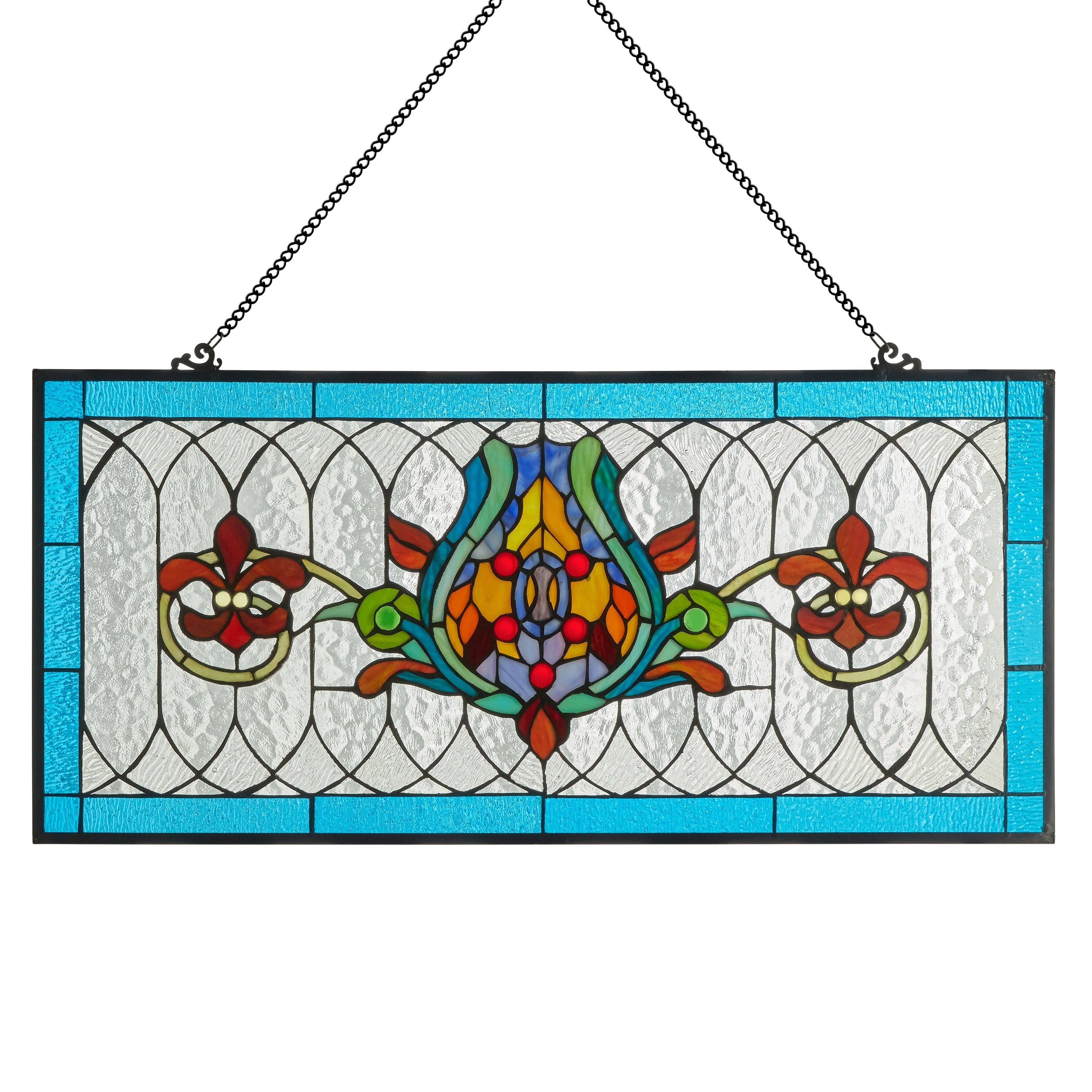 River of Goods Fleur De Lis Stained Glass Pub Window Panel - 30L x 0.25W x 14H