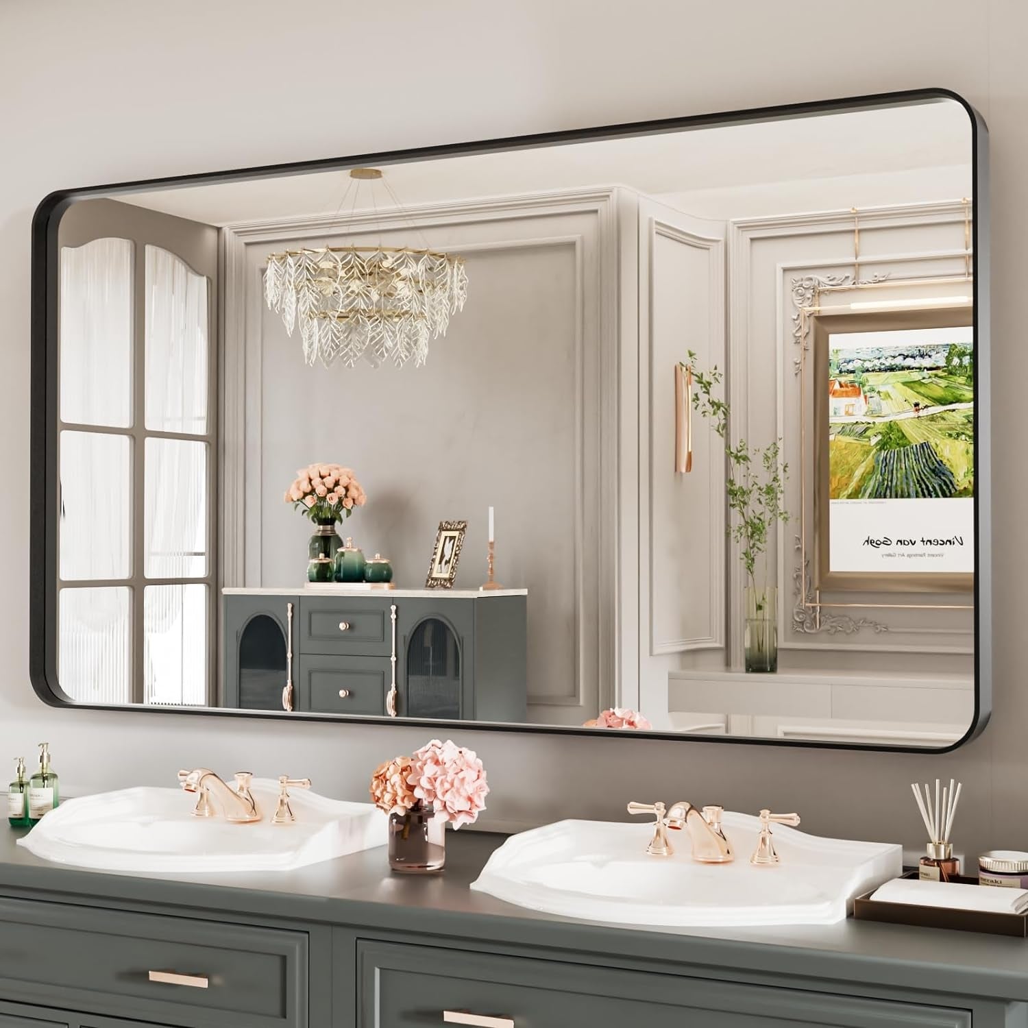 Apmir Metal Frame Tempered Glass Bathroom Vanity Mirror for Wall, Cloakroom, Bedroom