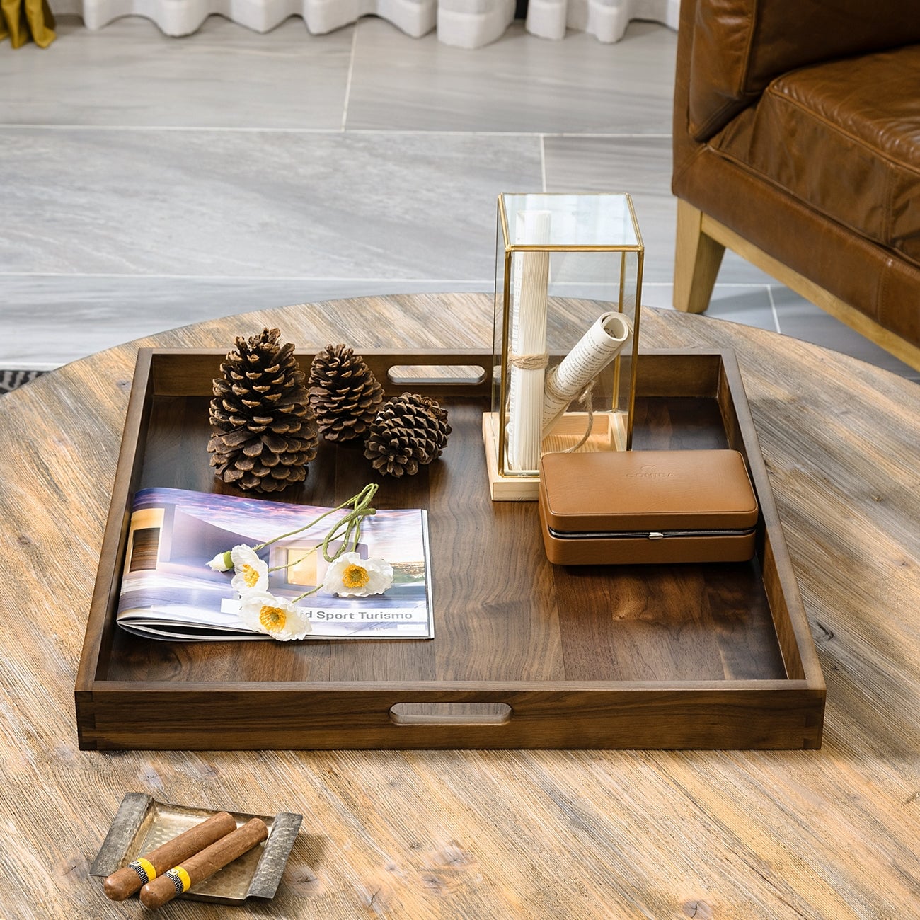 Square Black Walnut Wood Serving Tray Ottoman Tray with Handles