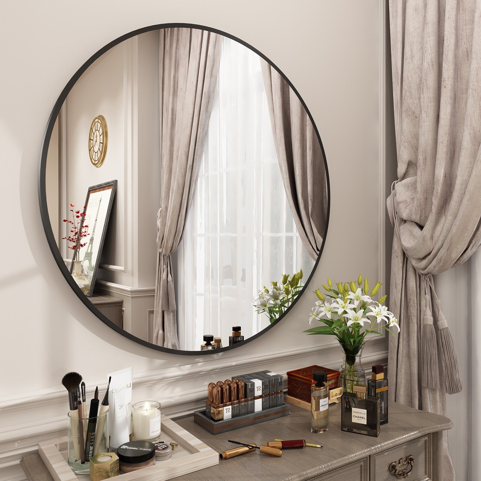 Full Size Round Bathroom Vanity Wall Mirror with Metal Frame