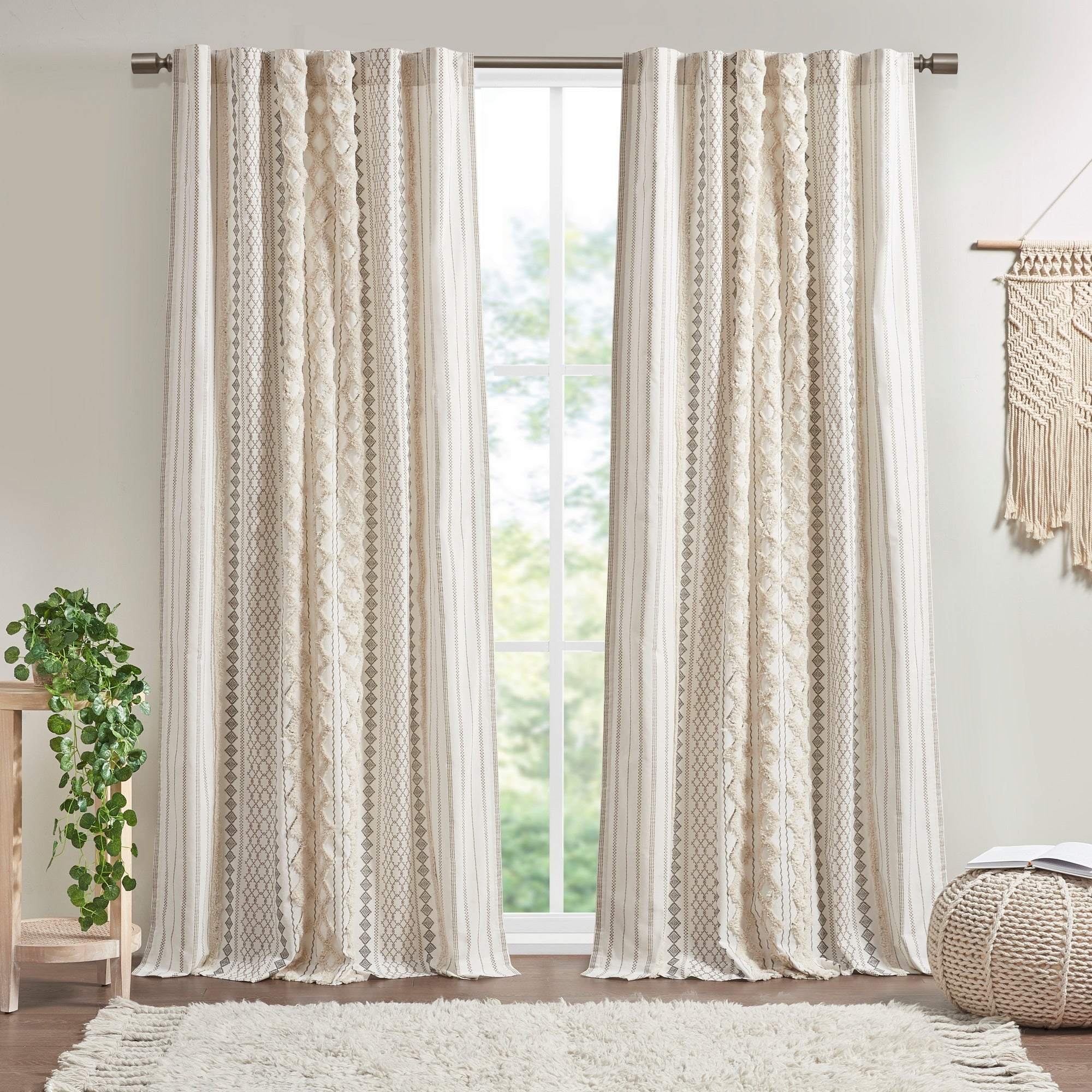 INK+IVY Imani Cotton Printed Curtain Panel with Chenille Stripe and Lining