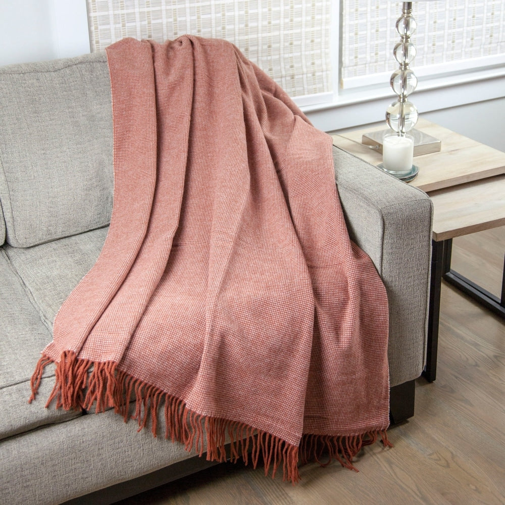 Calyx Interiors Checked Lambswool Blend Throw Blankets Brick/cream with fringe