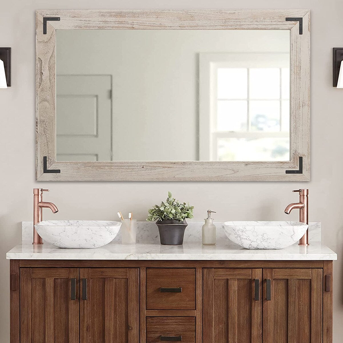 Rustic Wooden Framed Wall Mirror, Natural Wood Bathroom Vanity Mirror