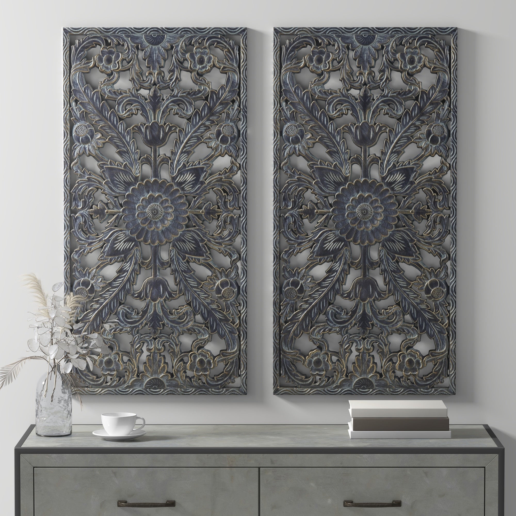 Madison Park Botanical Distressed Carved Wood Wall Décor (Set of 2)