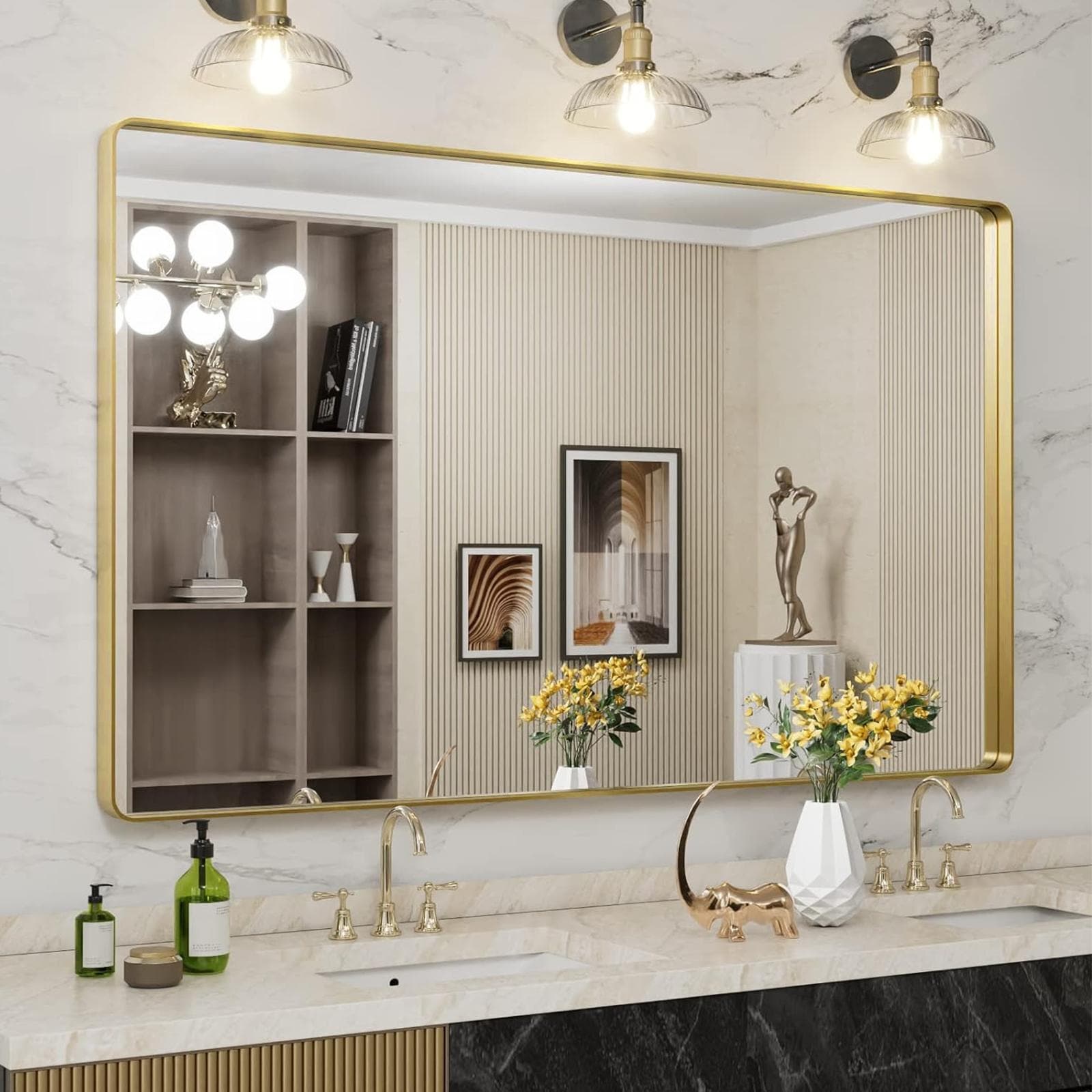 Apmir Metal Frame Tempered Glass Bathroom Vanity Mirror for Wall, Cloakroom, Bedroom