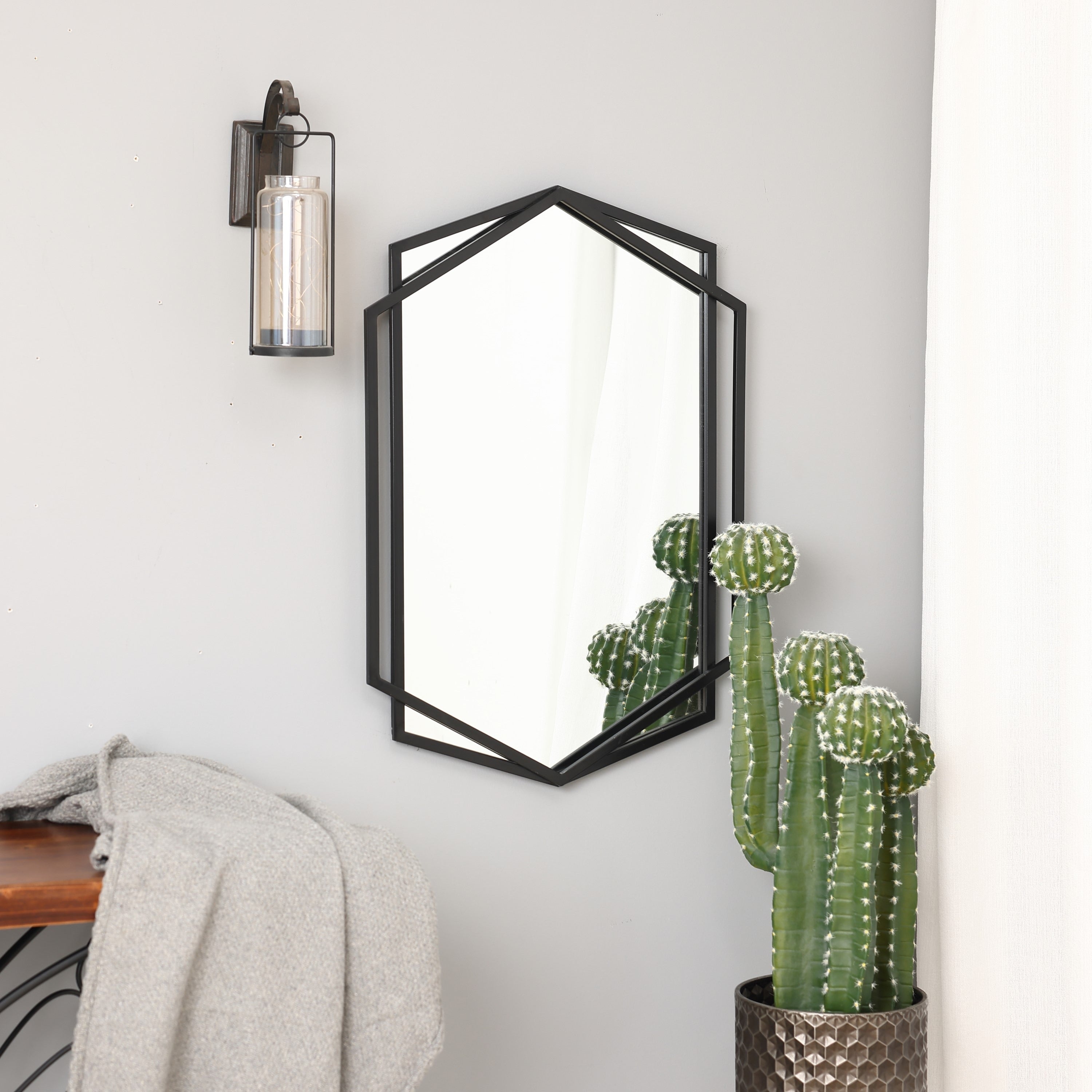 Black Metal Hexagon Frame Wall Accent Mirror, Bathroom Wall Mirror - 31.75 H x 22 W x 1.25 D