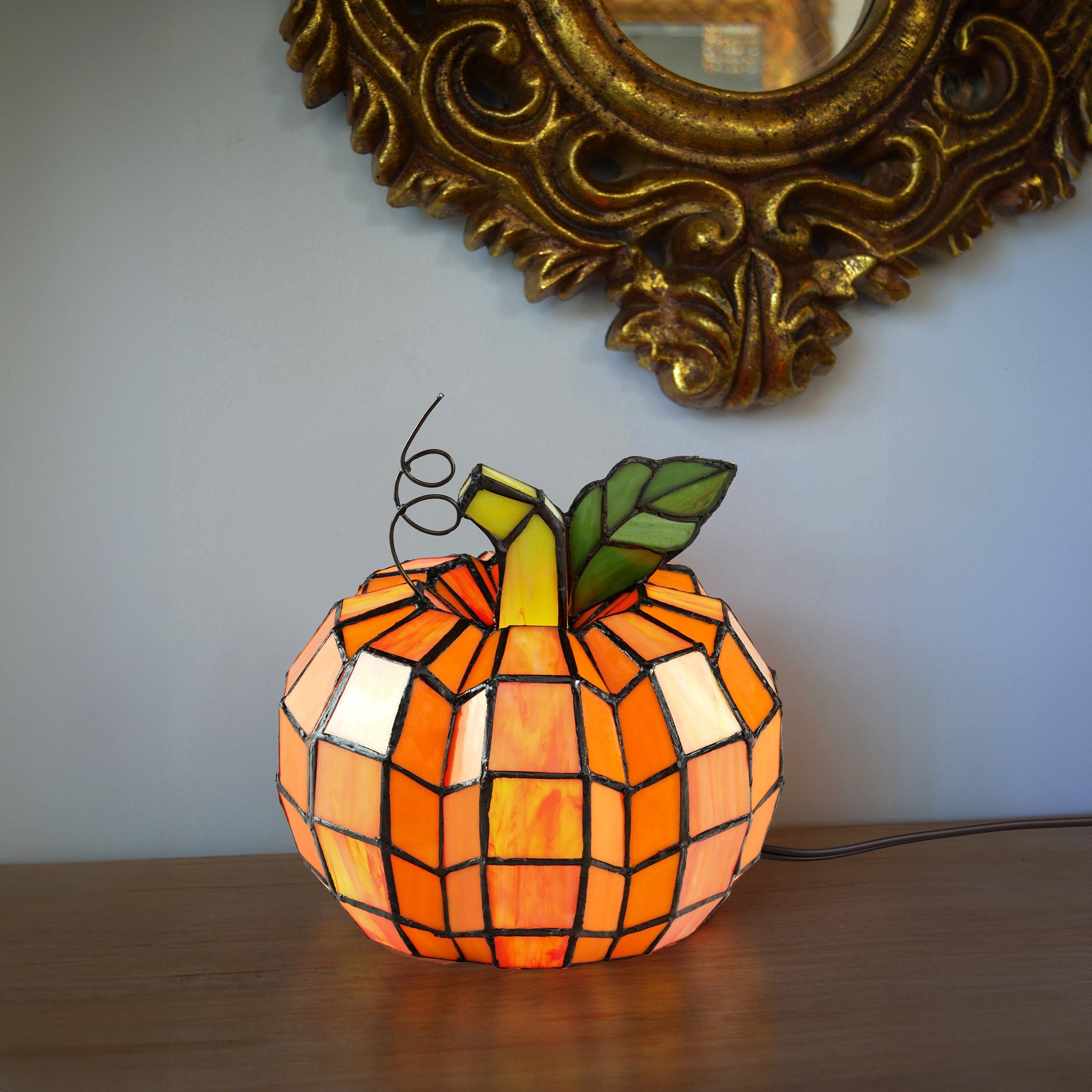 9 H Patch the Pumpkin Stained Glass Accent Lamp - 8.25L x 8.25W x 9H