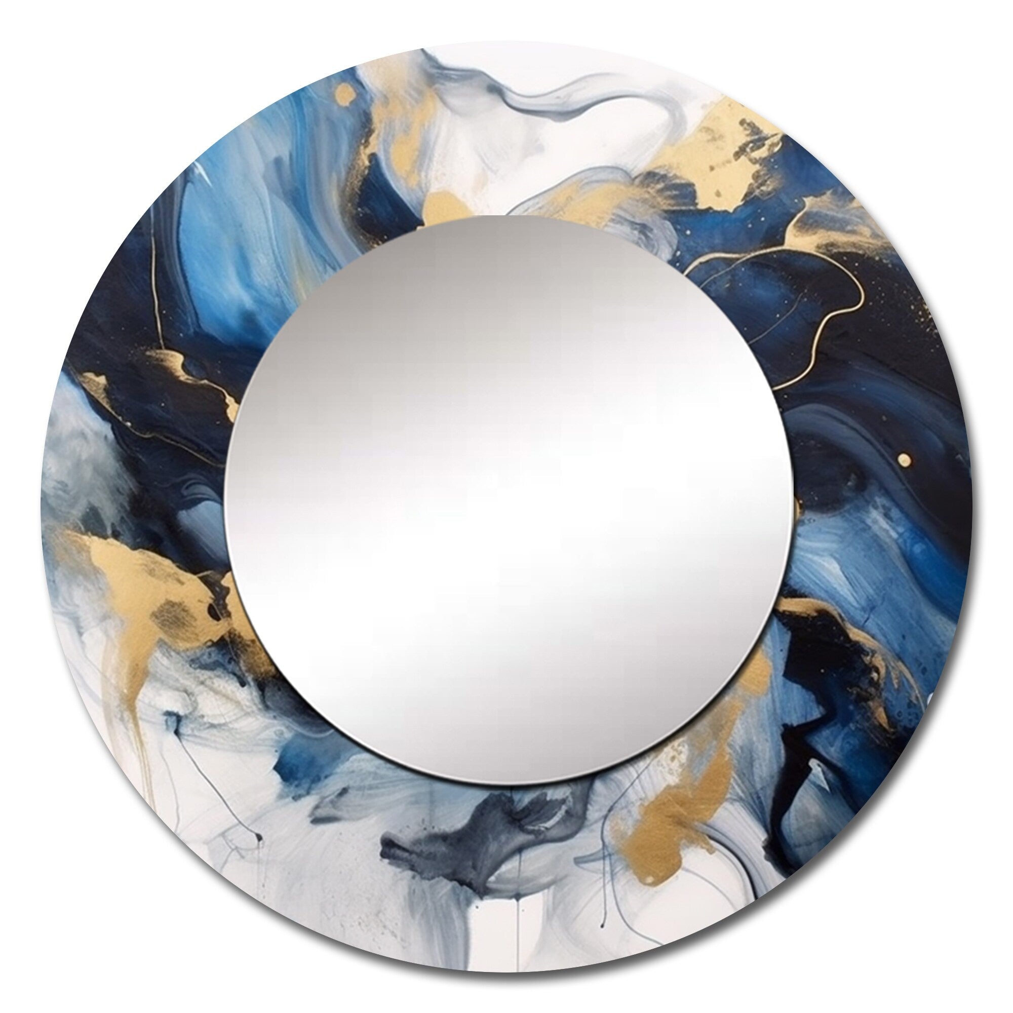 Designart Dark Blue and Gold Strokes XII Fractals Large Round Mirror - Modern Blue Round Bathroom Mirror