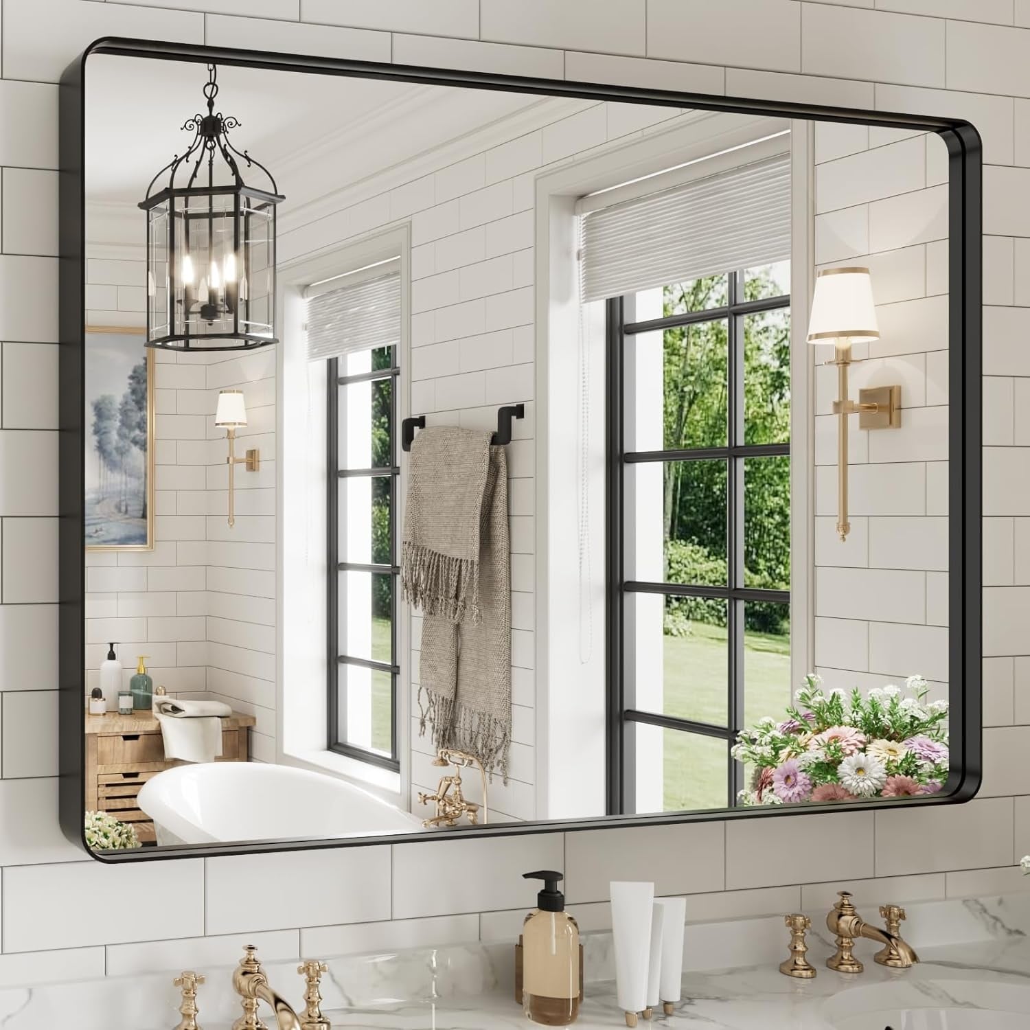 Apmir Metal Frame Tempered Glass Bathroom Vanity Mirror for Wall, Cloakroom, Bedroom