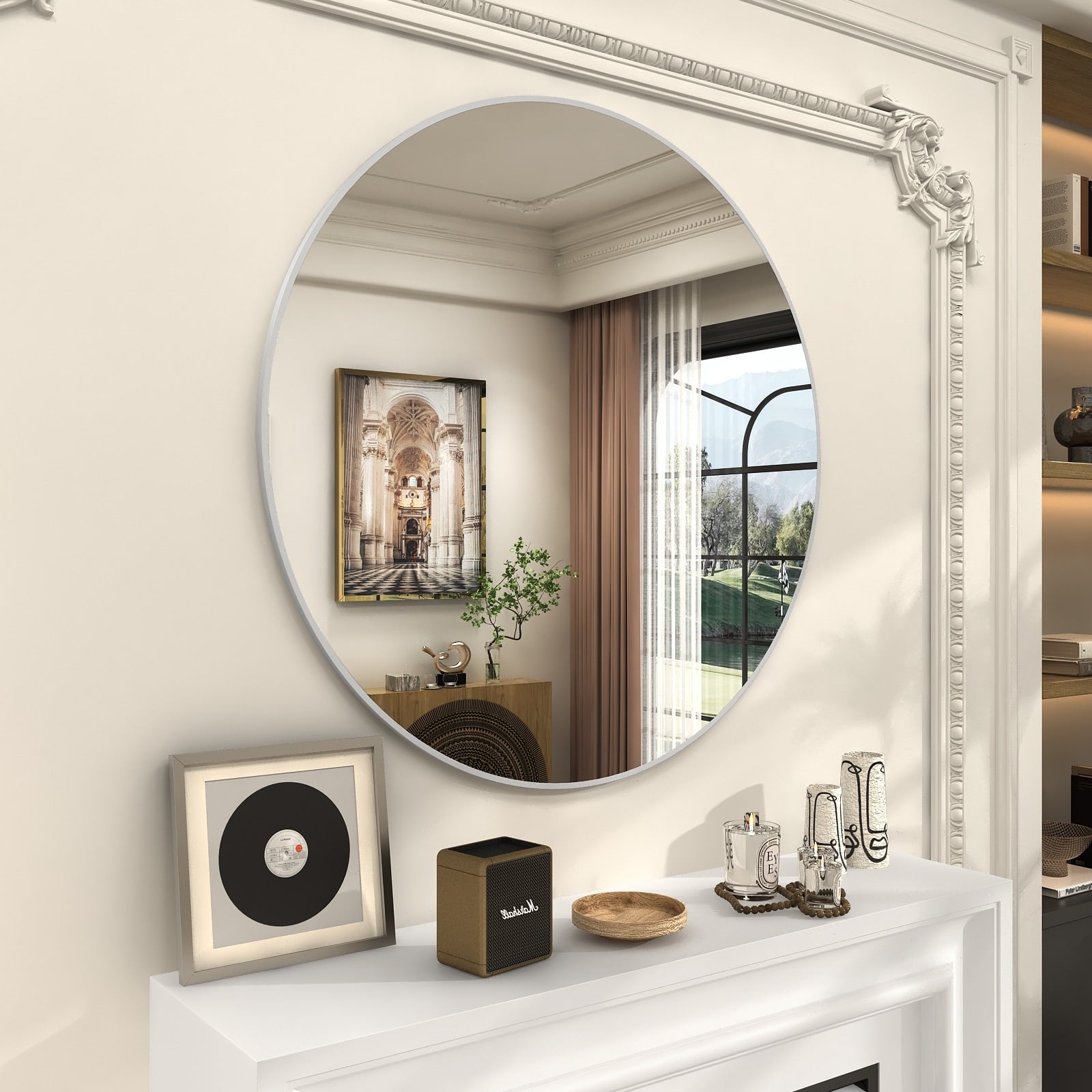 Full Size Round Bathroom Vanity Wall Mirror with Metal Frame