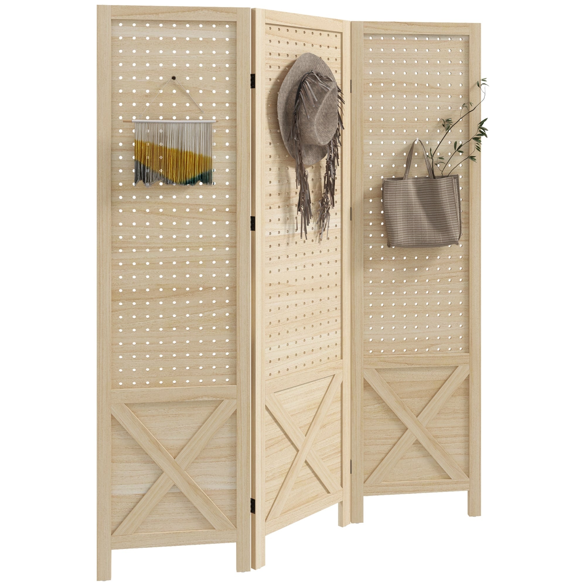 HOMCOM 3 Panel Pegboard Display Room Divider, 4.5' Tall Wood Indoor Portable Folding Privacy Screen