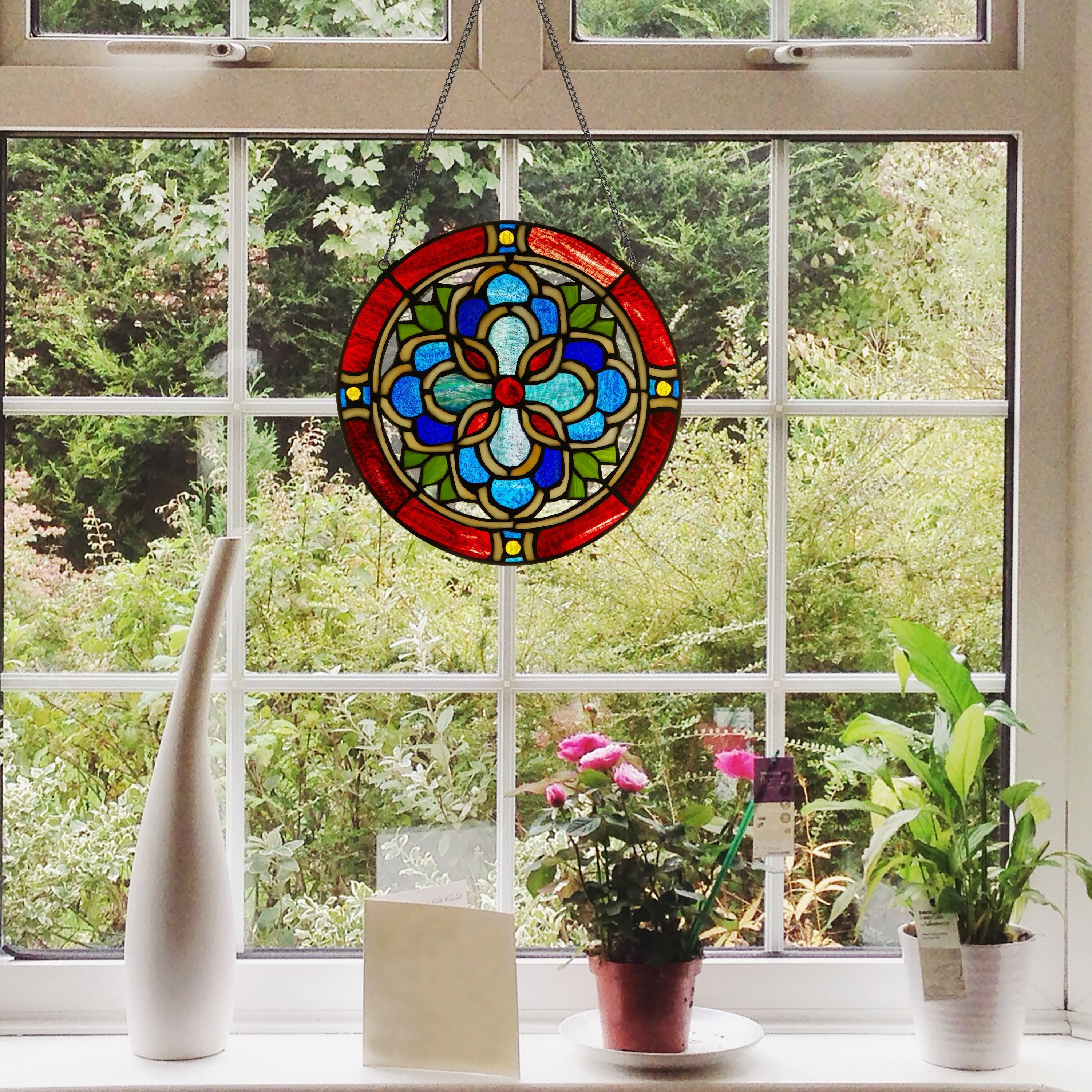 Geometric River of Goods Blue and Red Tiffany-Style Stained Glass Round Window Panel - 12 x 0.25 x 12